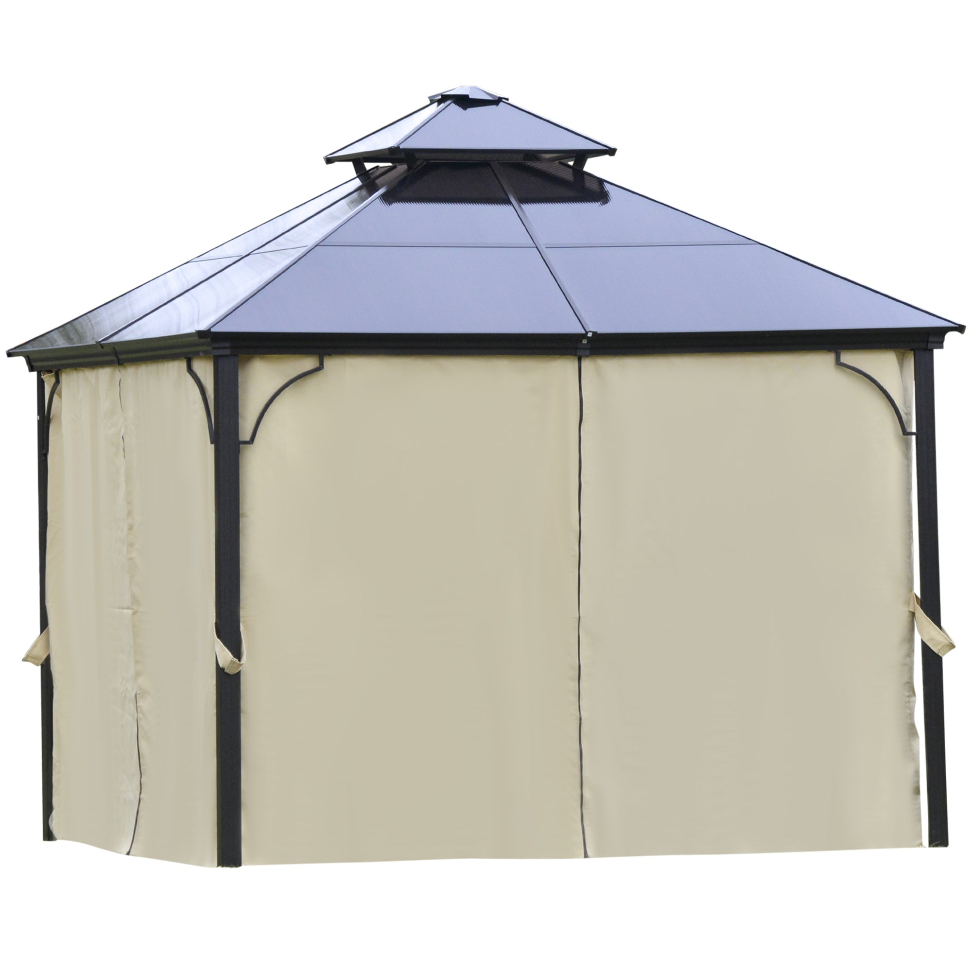 10' x 10' 2-Tier Outdoor Gazebo Canopy with Polycarbonate Roof, Curtains and Netting, for Garden, Deck, Beige Gazebos Beige, Black, Bronze at Gallery Canada