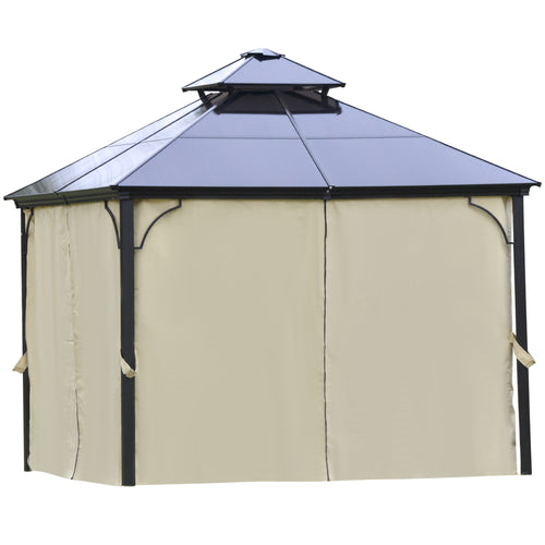 10' x 10' 2-Tier Outdoor Gazebo Canopy with Polycarbonate Roof, Curtains and Netting, for Garden, Deck, Beige