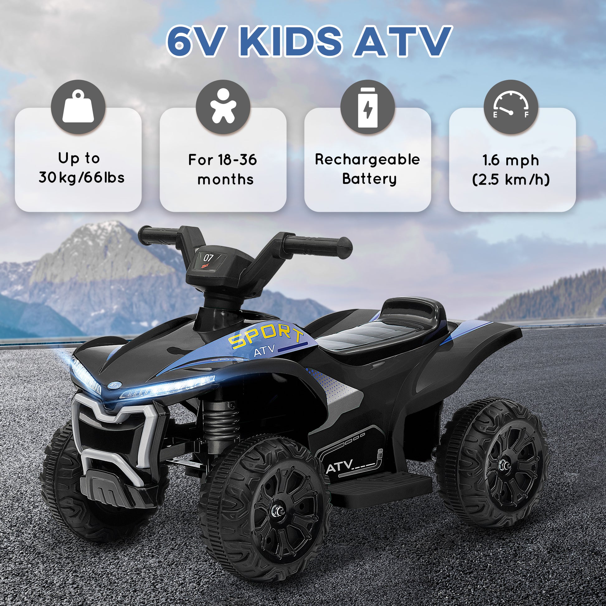 Kids ATV, 6V Battery Powered Electric Vehicle with Headlights, Forward/Reverse Switch, 4 Wheeler Ride On Toy for 18-36 Months, Black Electric Ride On Toys   at Gallery Canada