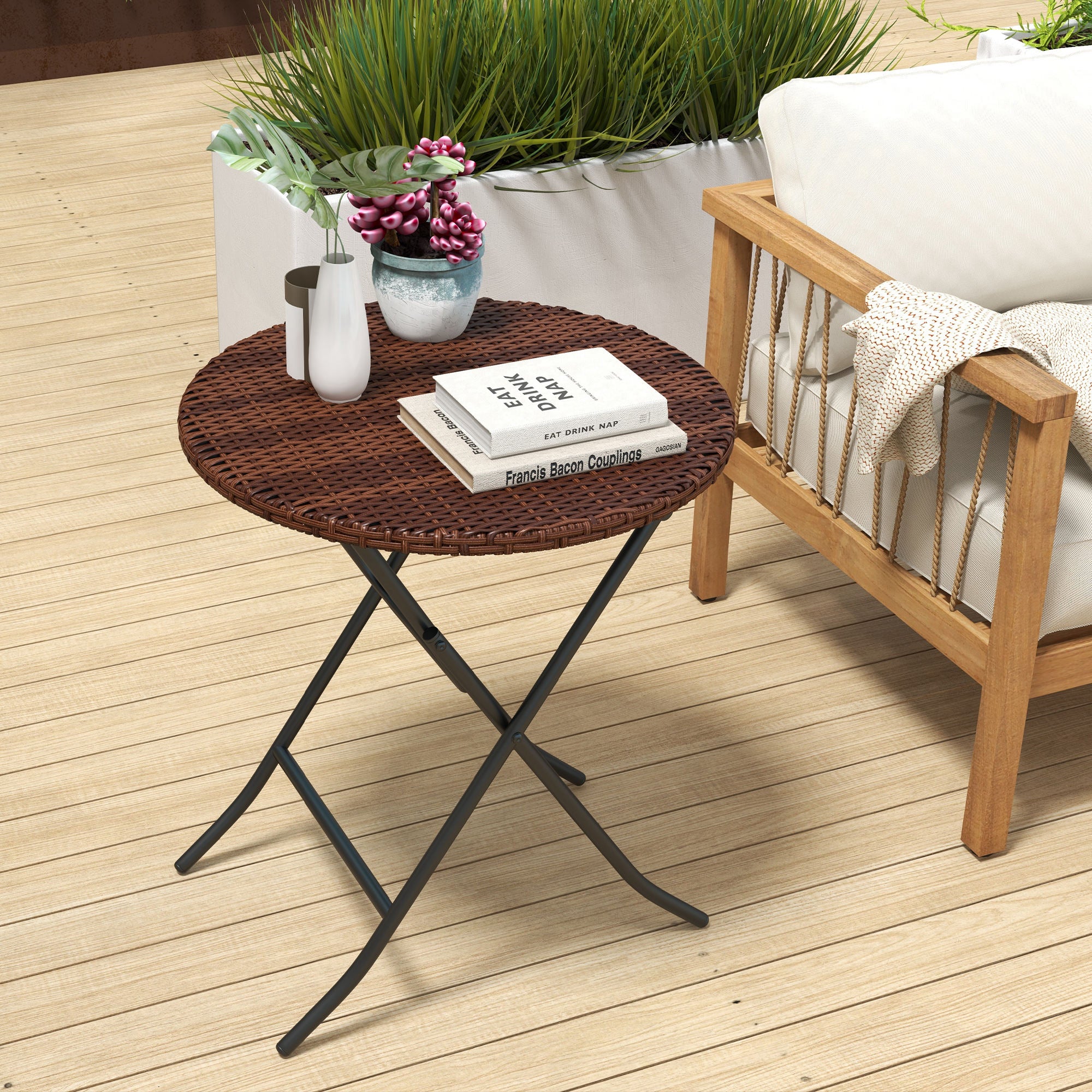 Outdoor PE Rattan Foldable End Table, Φ23.6