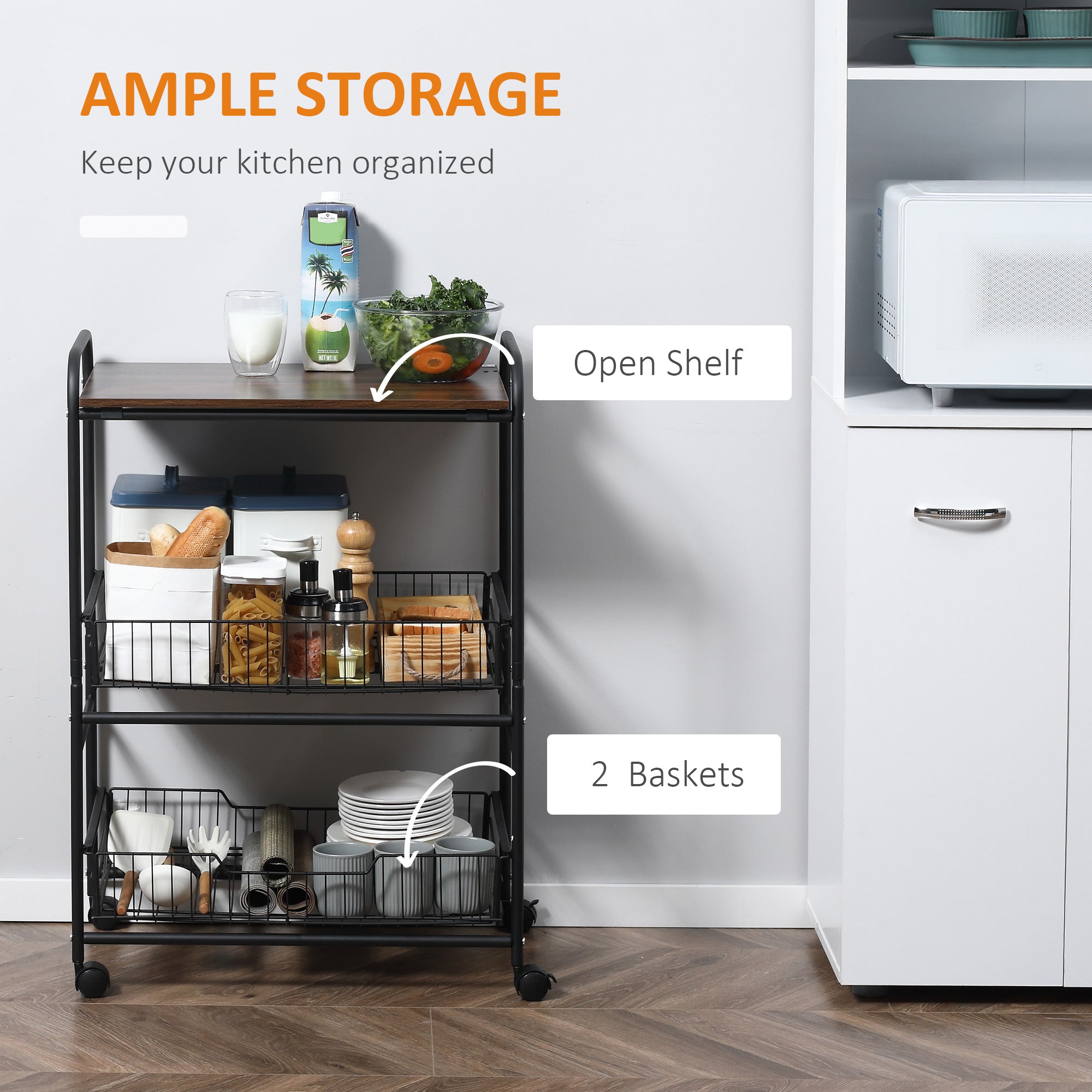 Rolling Kitchen Cart, 3-Tier Utility Storage Cart with 2 Basket Drawers &; Side Hooks, Lockable Casters for Dining Room Kitchen Islands & Kitchen Carts at Gallery Canada