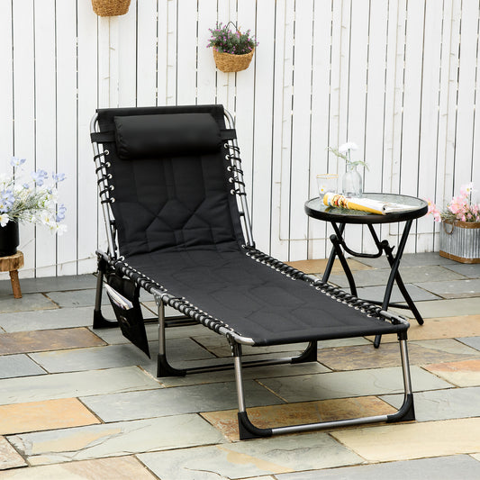 5-Position Reclining Folding Chaise Lounge Chair with Pillow and Pocket, Black Lounger Chairs   at Gallery Canada