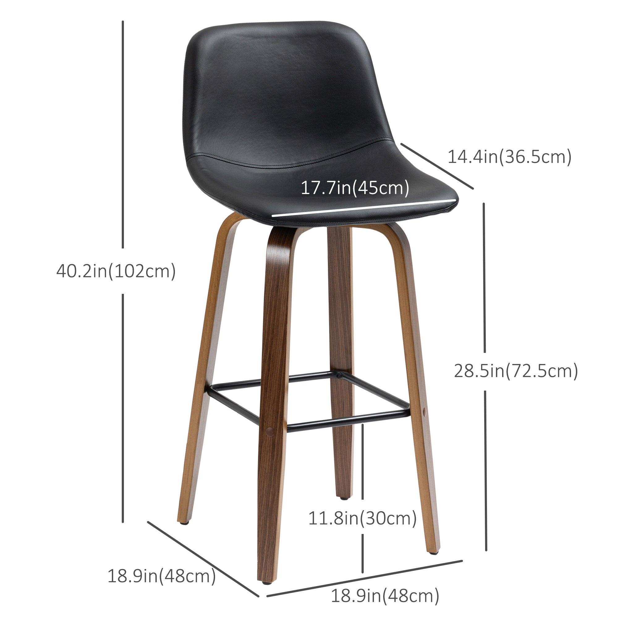 Bar Height Bar Stools Set of 2, Mid-Back Bar Chairs with PU Leather Upholstery and Solid Wood Legs for Kitchen, Black Bar Stools   at Gallery Canada