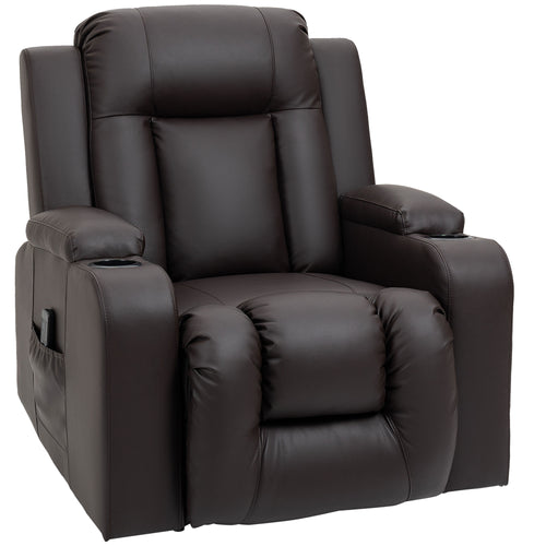 Massage Recliner Chair for Living Room with 8 Vibration, Overstuffed PU Leather Manual Reclining Chair with Wide Seat, Cup Holders, 360° Swivel, Rocking, Brown