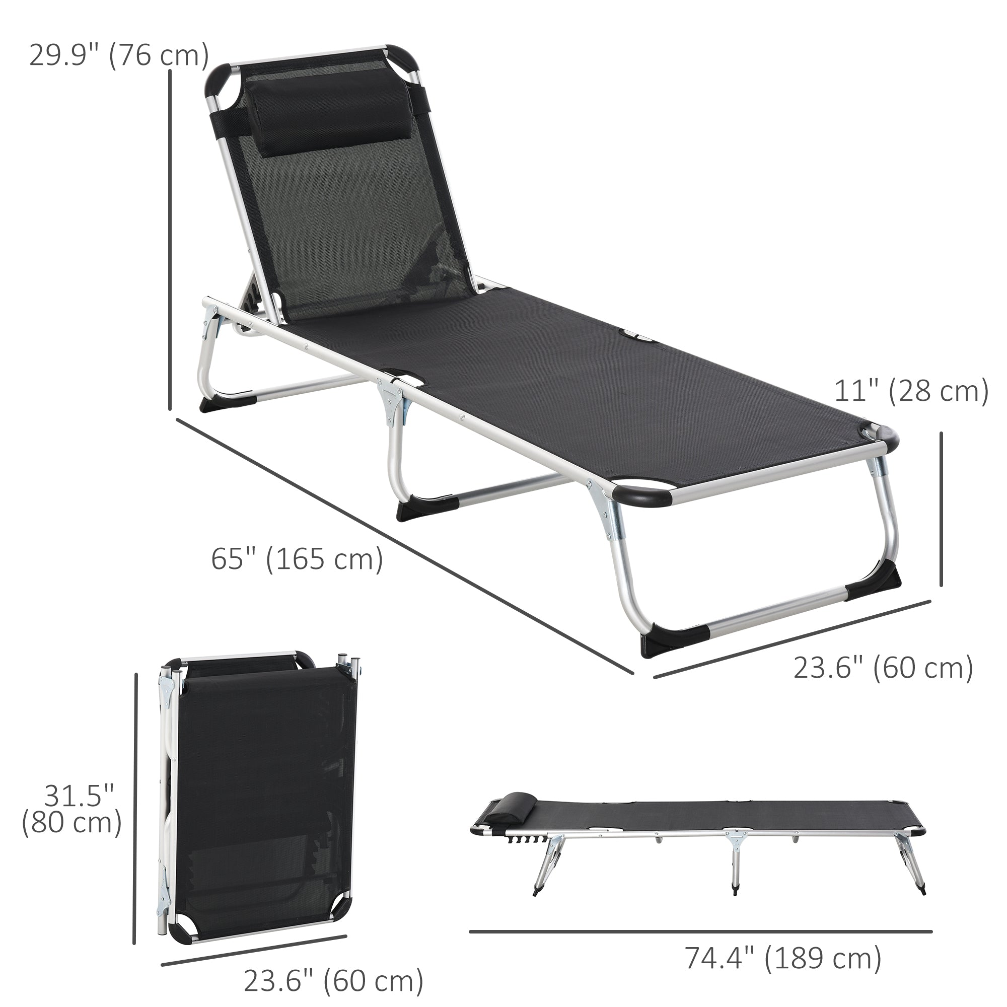 Folding Lounge Chair, Patio Lounger with Headrest, 5-Level Adjustable Backrest, and Aluminum Frame, Black Lounger Chairs   at Gallery Canada