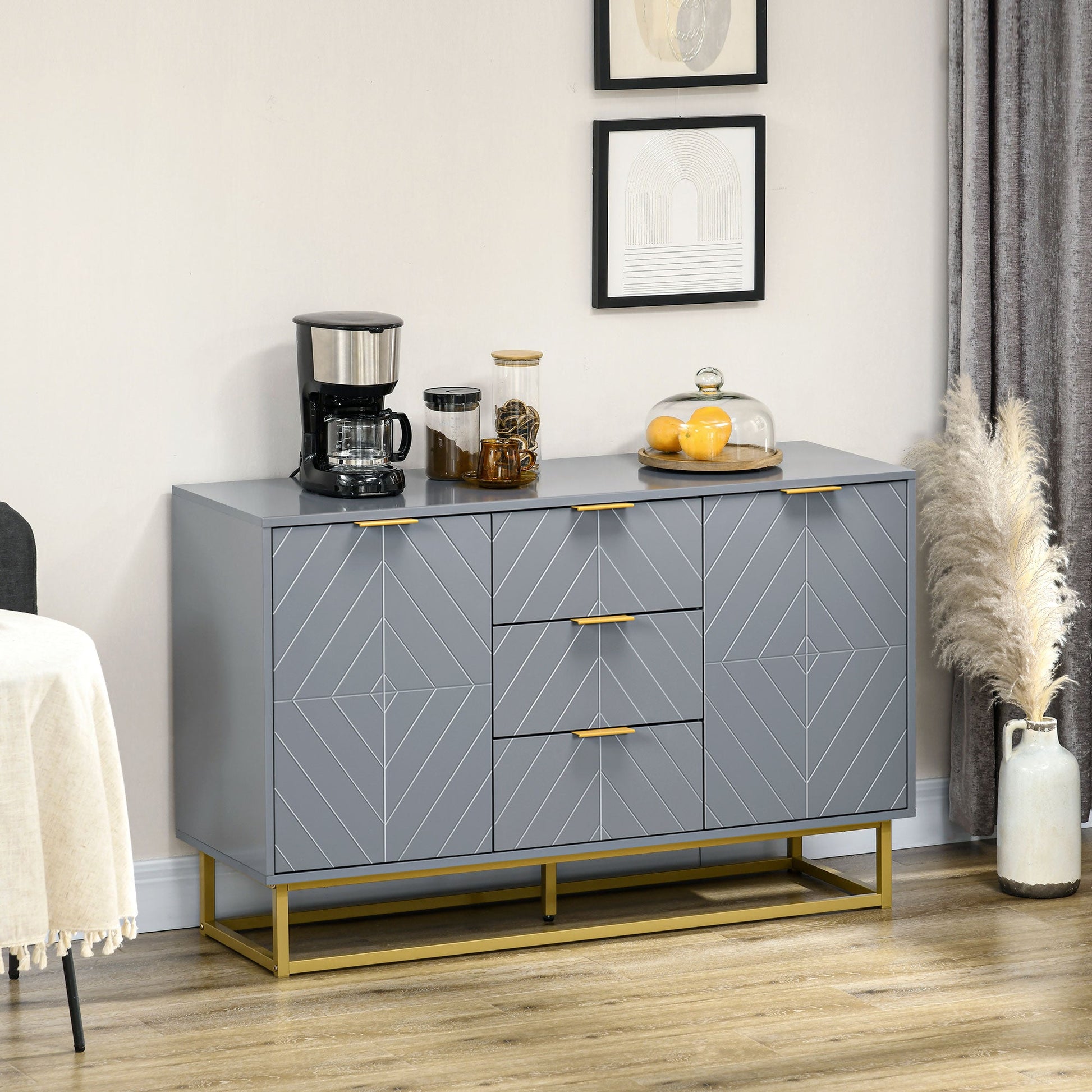 Contemporary 3-Drawer Sideboard Buffet Cabinet with Adjustable Shelves, Grey Bar Cabinets   at Gallery Canada