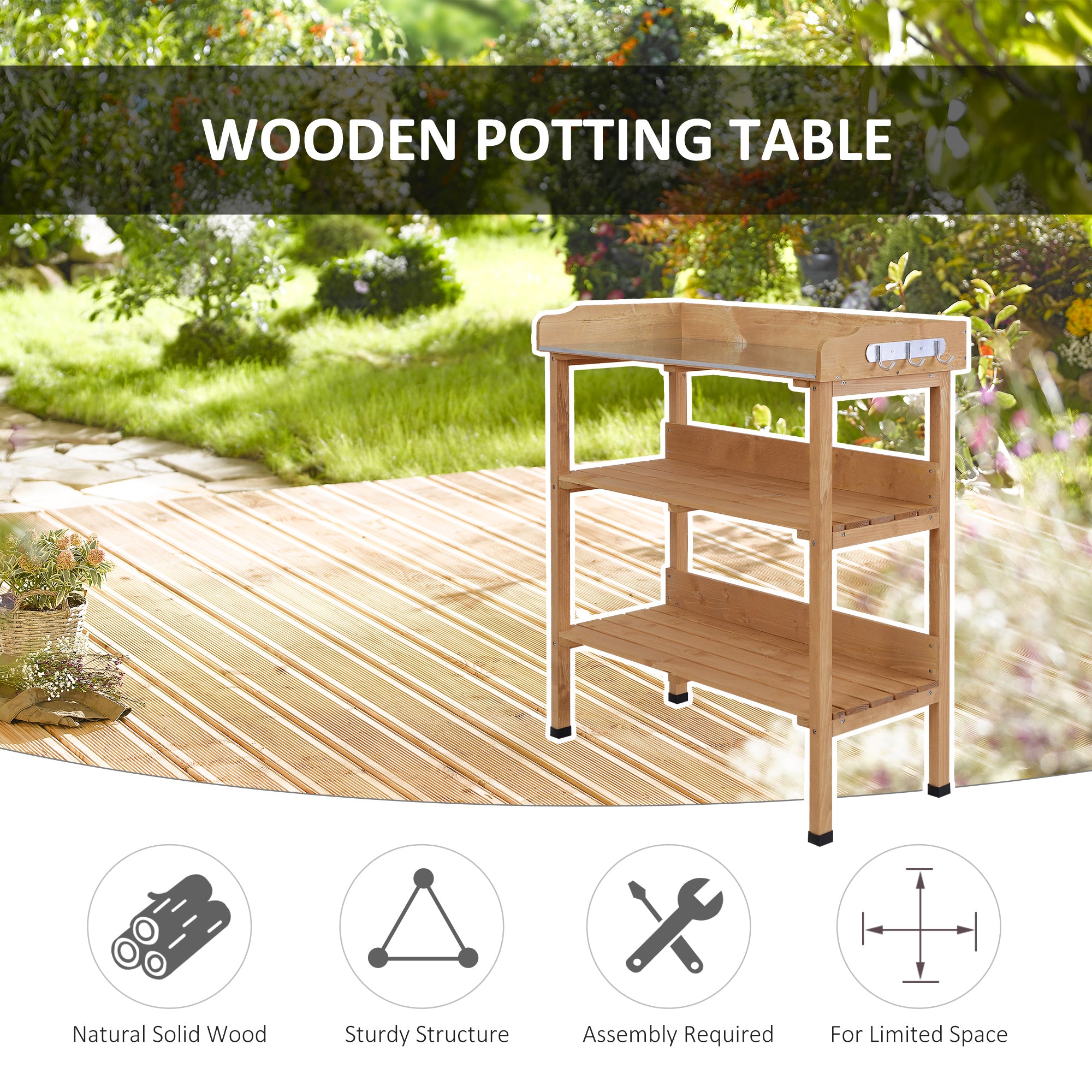 Outdoor Garden Wooden Potting Bench Work Station Table Tool Storage Shelf w/ Hooks, Natural Potting Benches & Tables at Gallery Canada