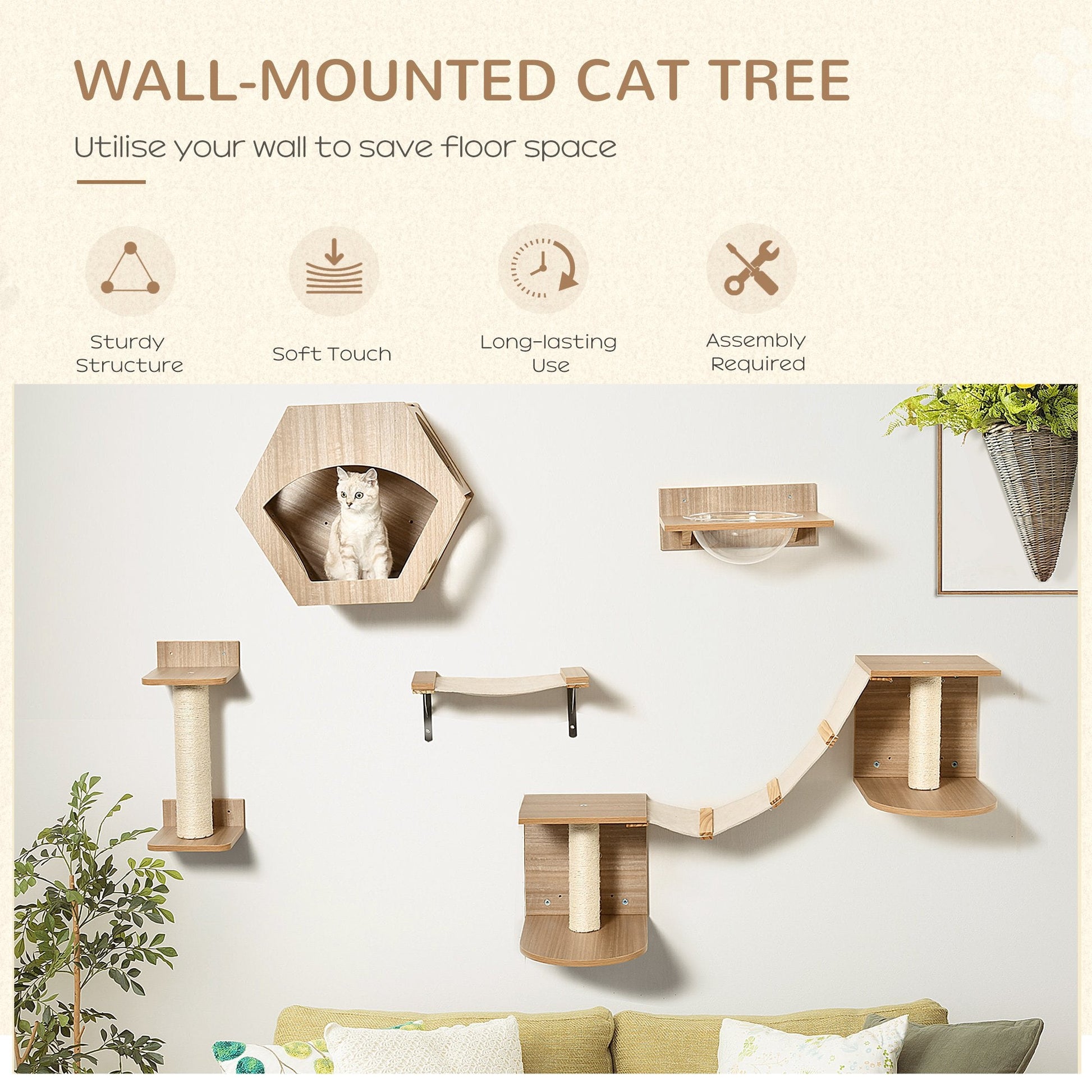 Wall-Mounted Cat Tree Set with Hammock, Scratching Post, Condo - Light Brown Cat Climbing Wall   at Gallery Canada