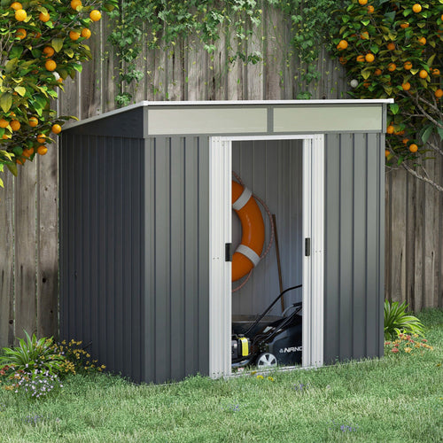 6.5x4FT Galvanised Metal Shed with Foundation, Lockable Garden Tool Storage House with Sliding Doors and 2 Vents, Grey