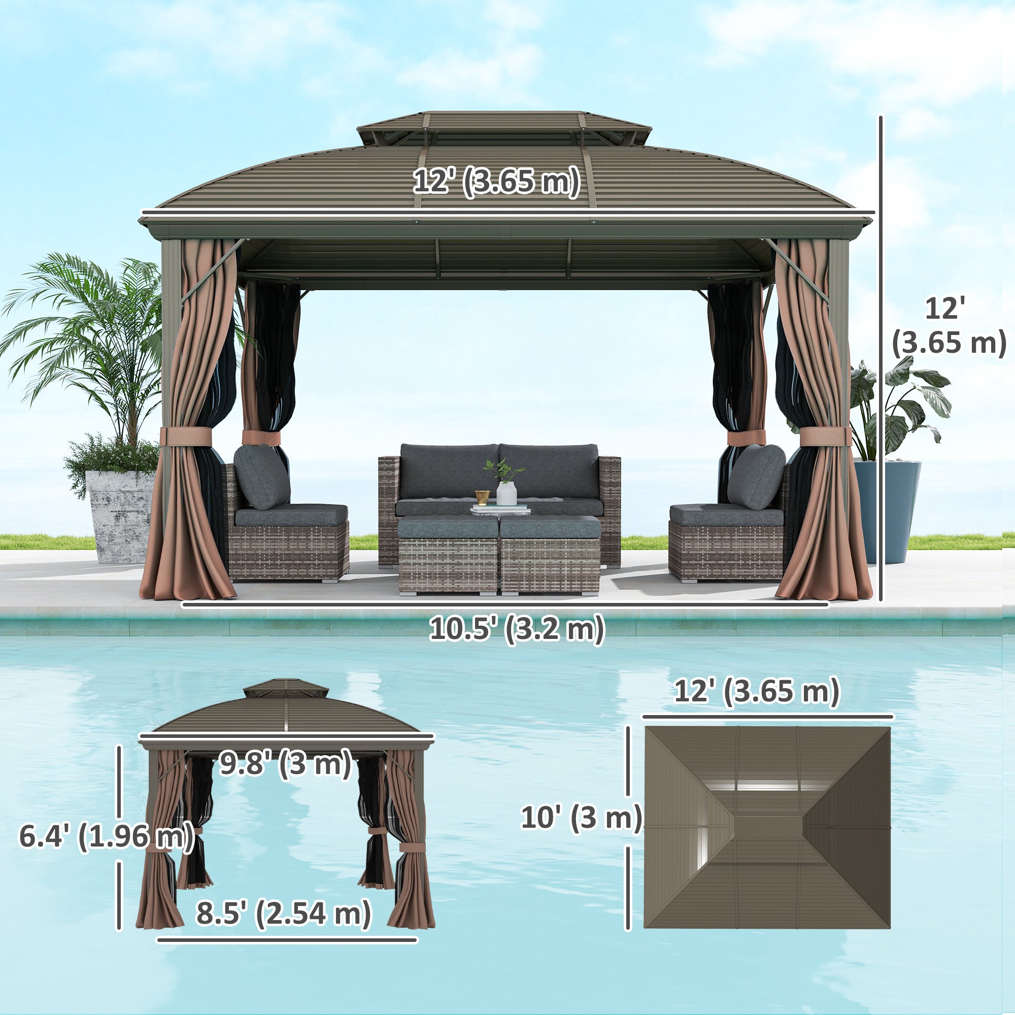 10' x 12' Hardtop Gazebo Canopy with Double Roof, Netting and Curtains for Garden, Backyard, Deck, Coffee Gazebos at Gallery Canada