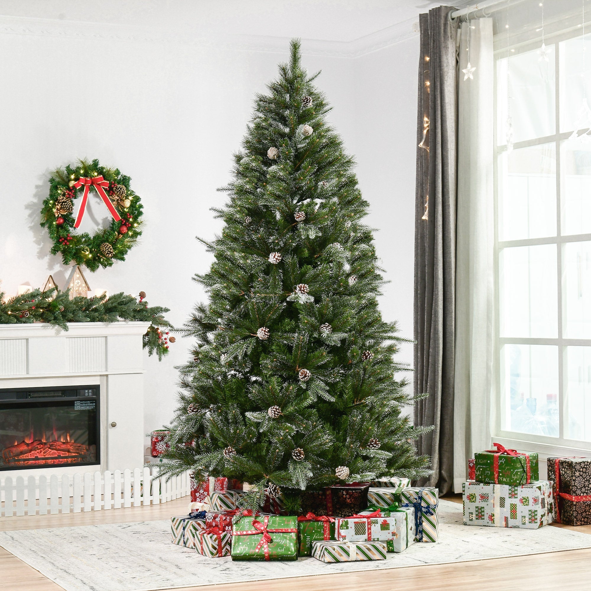 HOMCM 7FT Artificial Christmas Snow Pine Tree Holiday Home Xmas Decoration with Automatic Open, Pinecone, Green Artificial Christmas Trees   at Gallery Canada