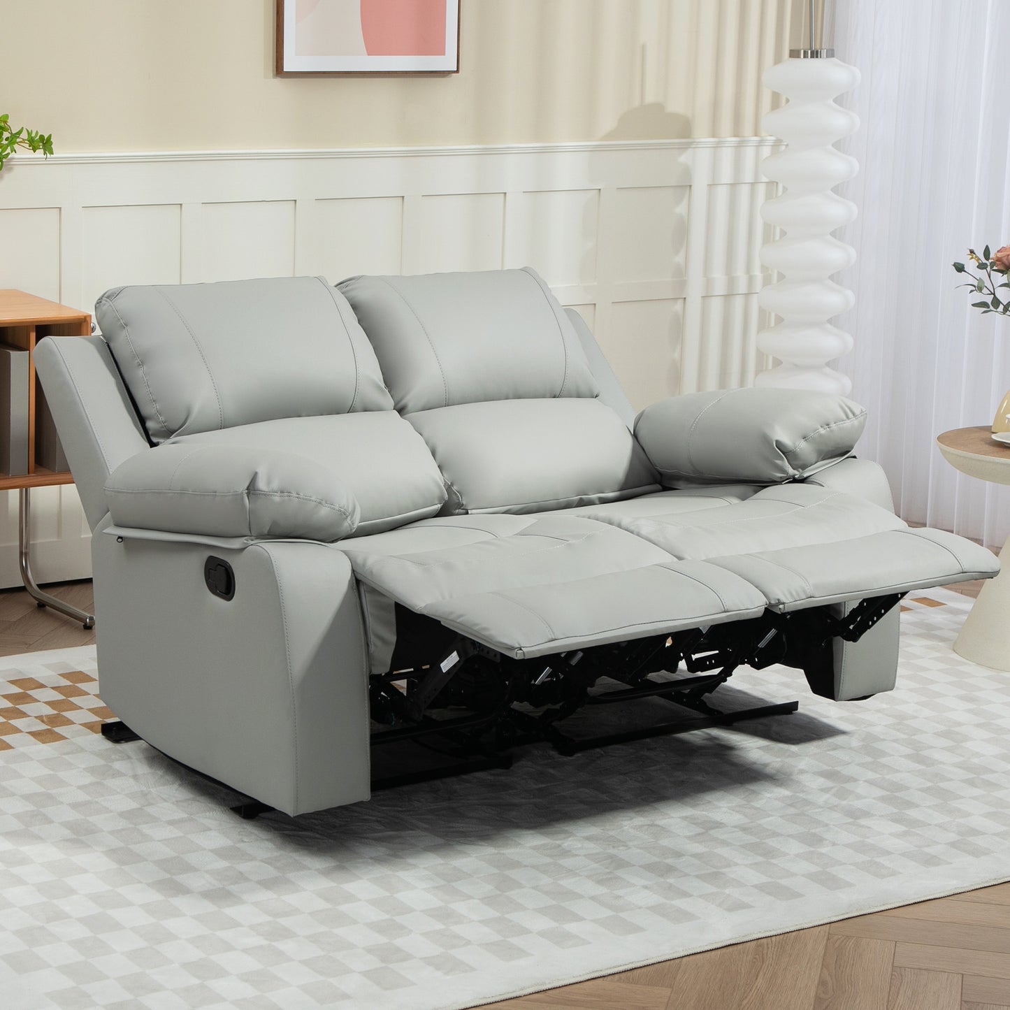 PU Leather Manual Recliner Sofa, Double Reclining Loveseat with Pullback Control Footrest for Living Room, Light Grey 2-Seater Sofas at Gallery Canada