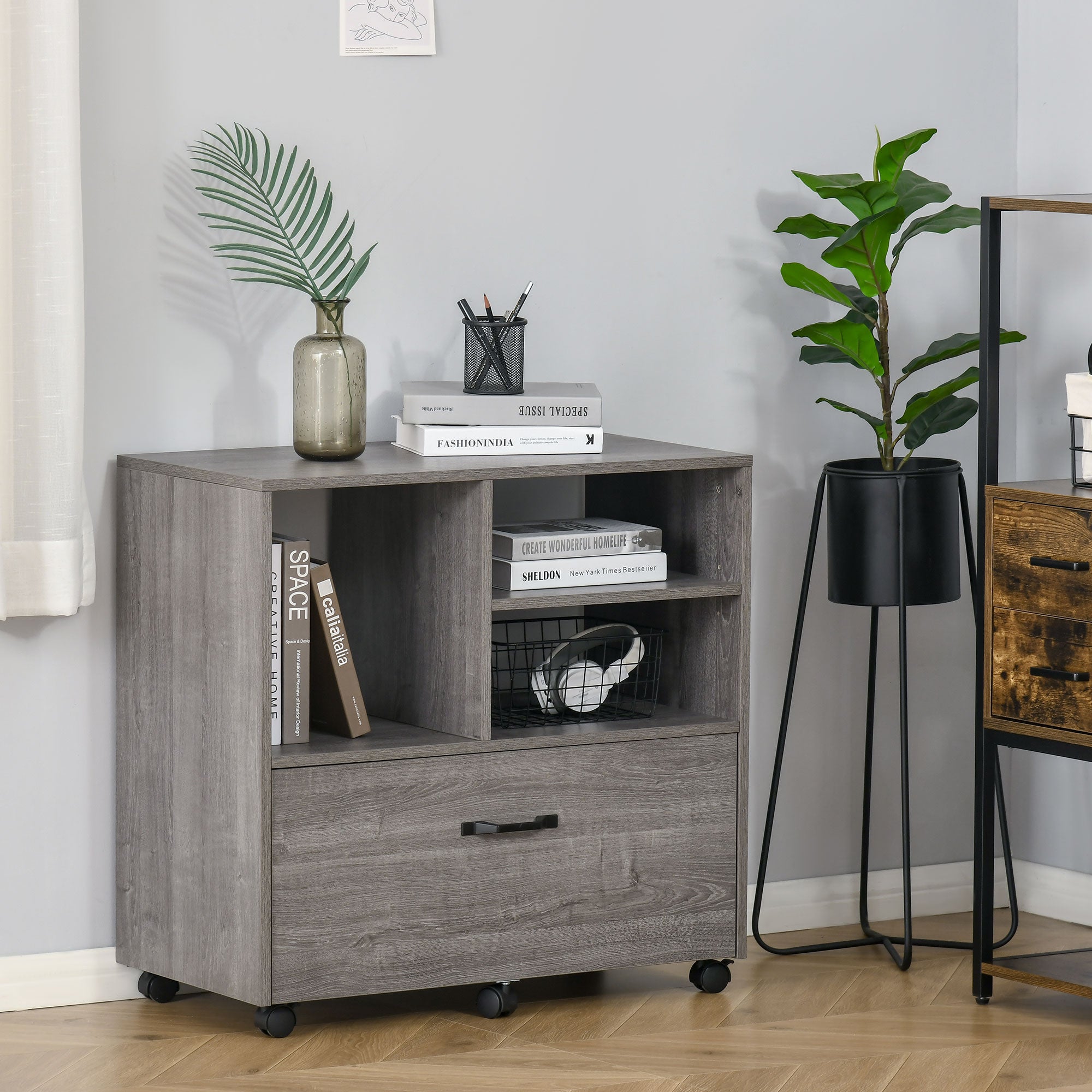 Lateral Filing Cabinet with Open Storage Shelf, Printer Stand, Mobile Office File Cabinet with Wheels for Letter and Legal Sized Files, Grey Office Cabinets & Cupboards at Gallery Canada
