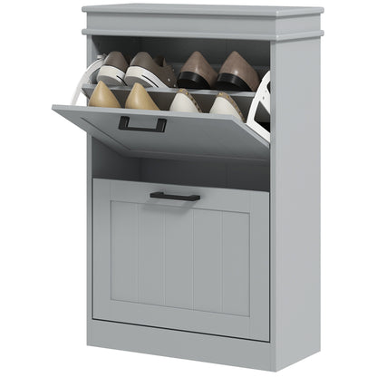 Shoe Storage Cabinet with 2 Flip Drawers and Adjustable Shelves, Narrow Shoe Cabinet for 10 Pairs of Shoes, Grey