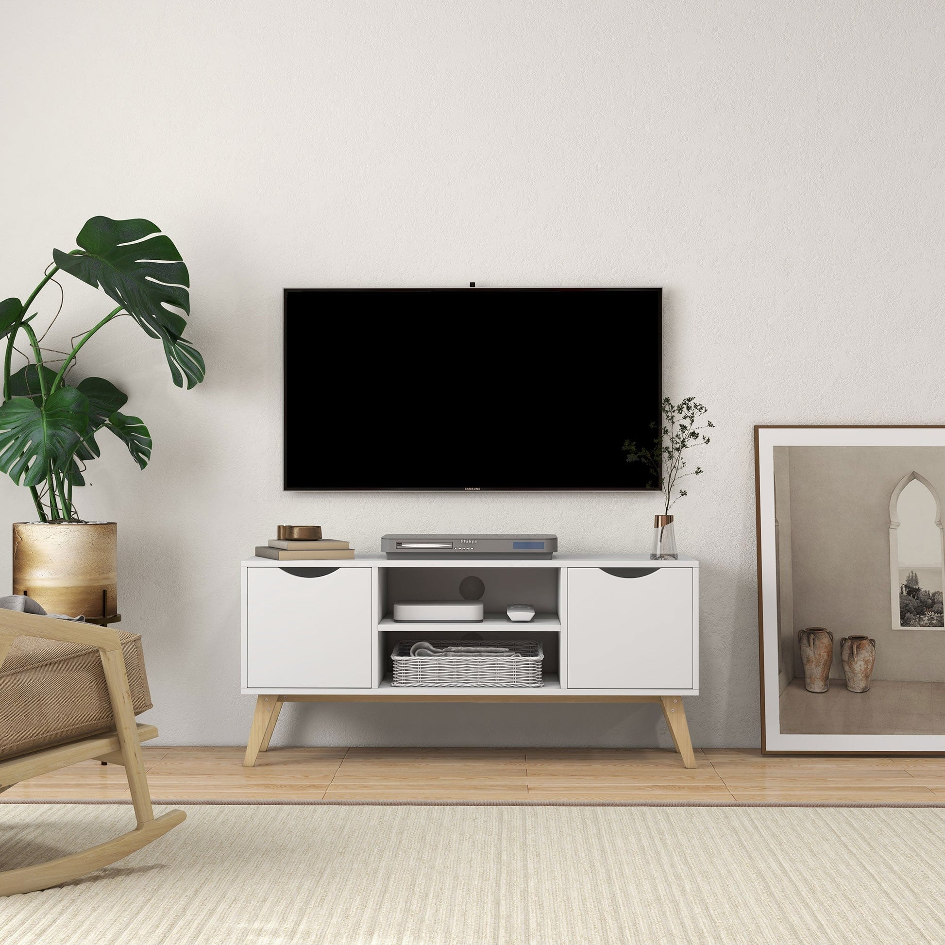 TV Stand with 2 Storage Cabinet Stand for TV's up to 50" for Living Room Office, Storage Entertainment Center, White TV Stands   at Gallery Canada