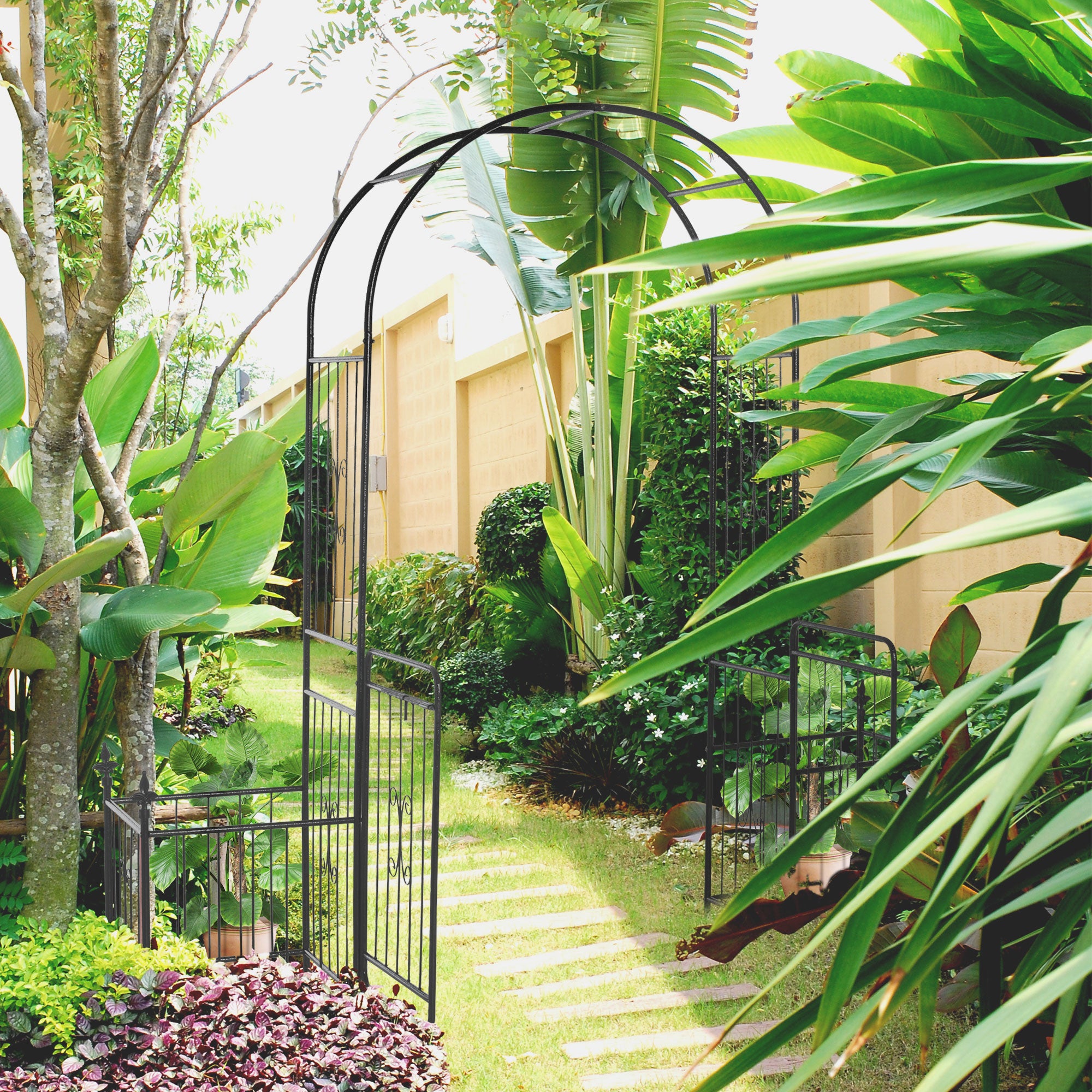 7.2FT Metal Garden Arbor Arch with Double Doors, 2 Side Planter Baskets, Climbing Vine Frame, Black Garden Arches at Gallery Canada