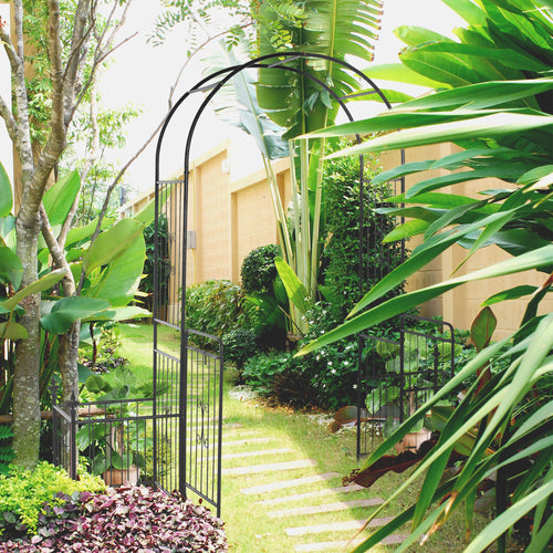 7.2FT Metal Garden Arbor Arch with Double Doors, 2 Side Planter Baskets, Climbing Vine Frame, Black