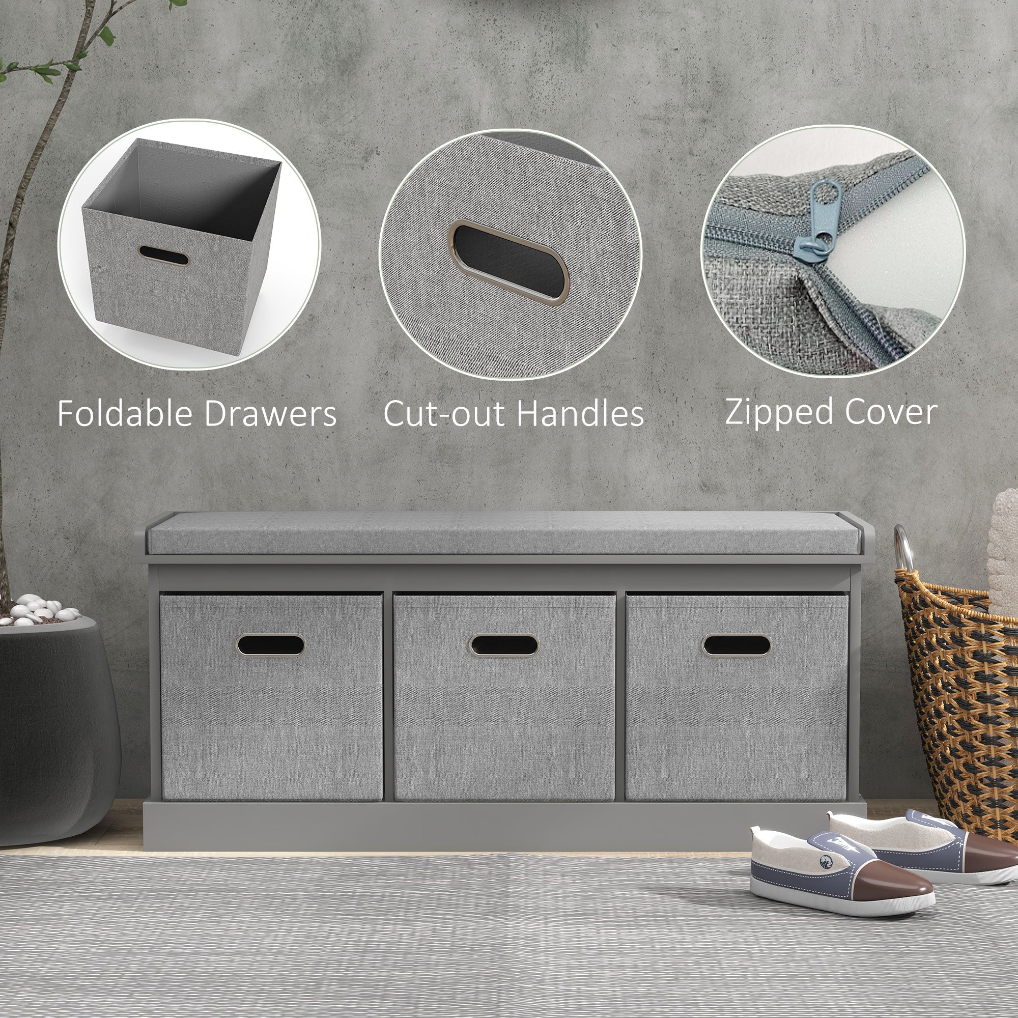 Shoe Storage Bench with Seat, Entryway Bench Seat with Cushion, 3 Fabric Drawers for Hallway, Grey Shoe Storage Cabinets & Racks at Gallery Canada