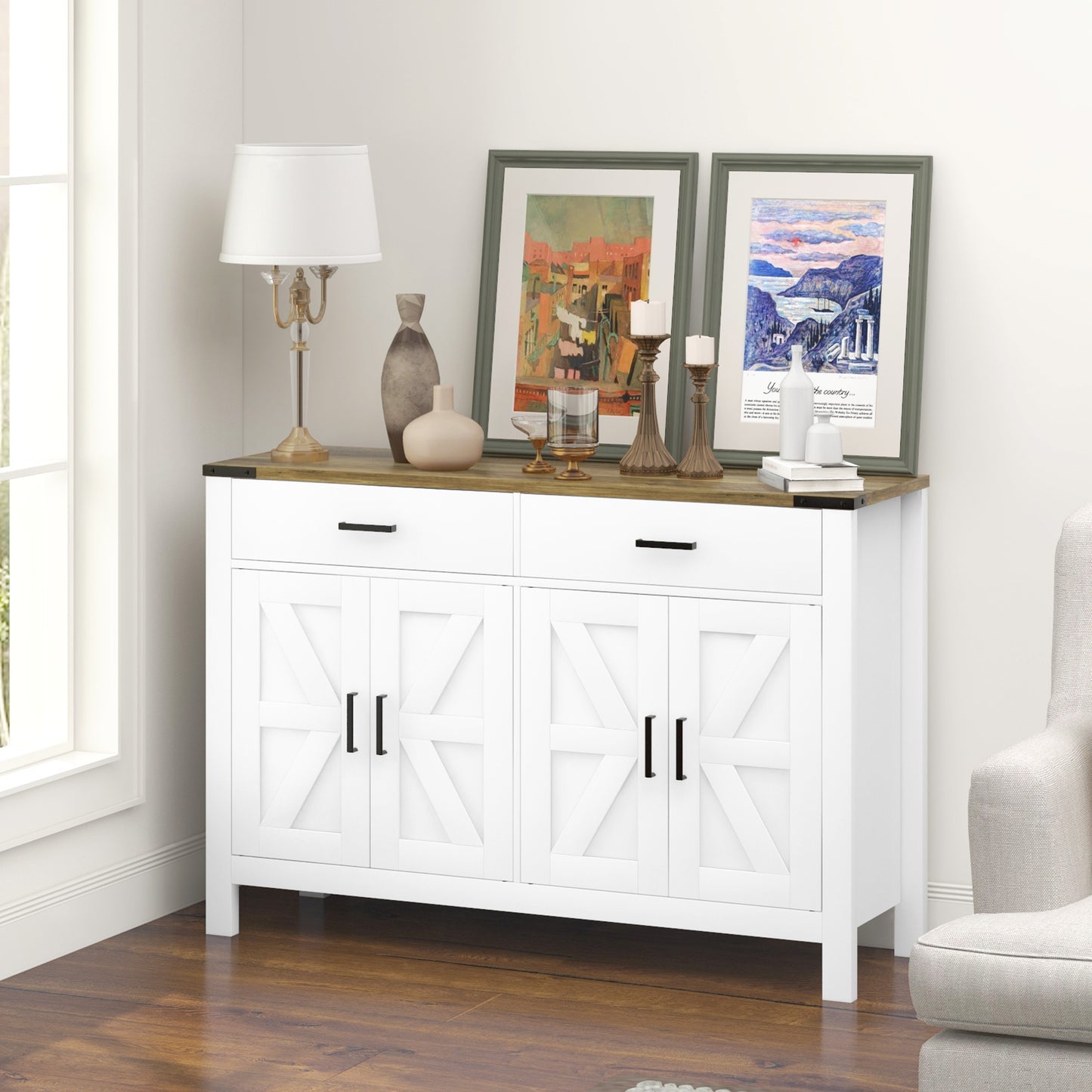 Farmhouse Buffet Cabinet Sideboard with 2 Drawers, 2 Storage Cabinets and Adjustable Shelves, White Bar Cabinets   at Gallery Canada