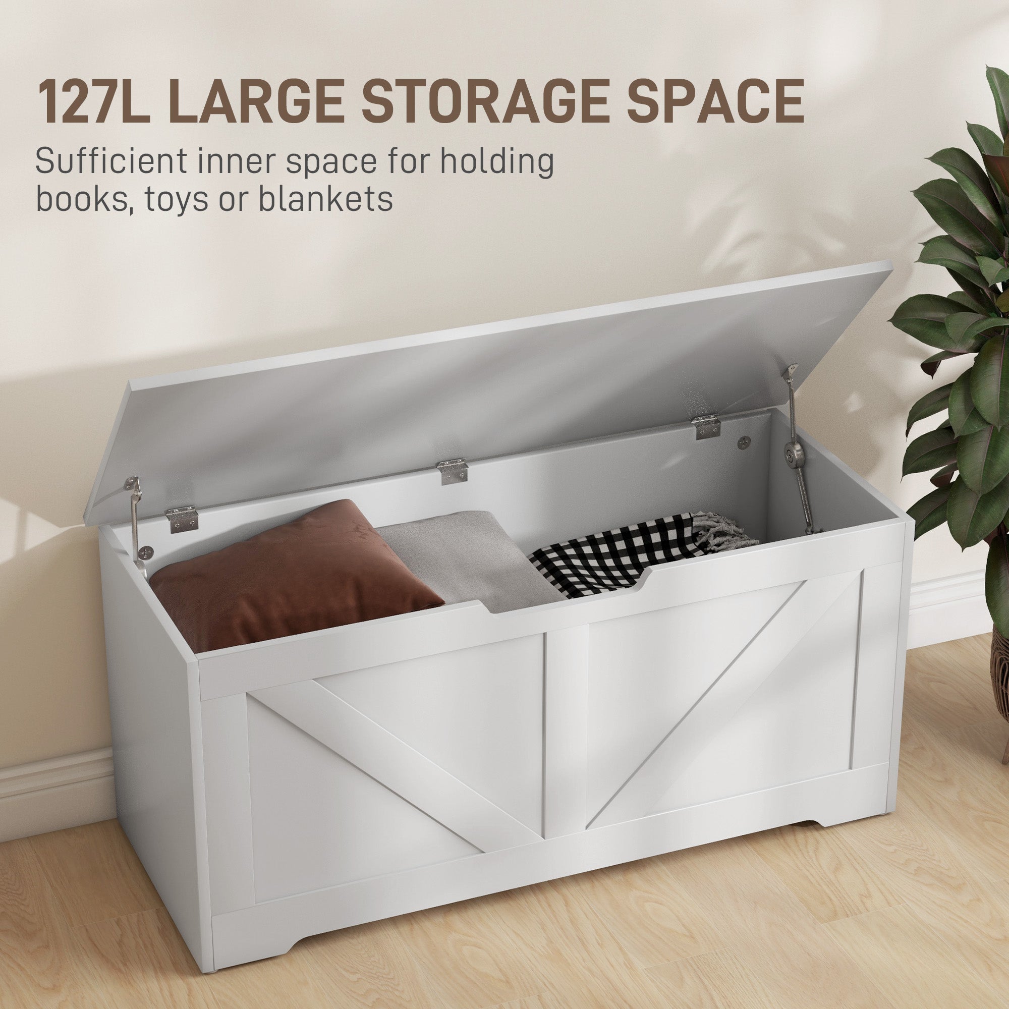 39.4 Inches Storage Chest, Storage Trunk with 2 Safety Hinges, Wooden Box for Living Room, White Wood Grain Storage Cabinets at Gallery Canada