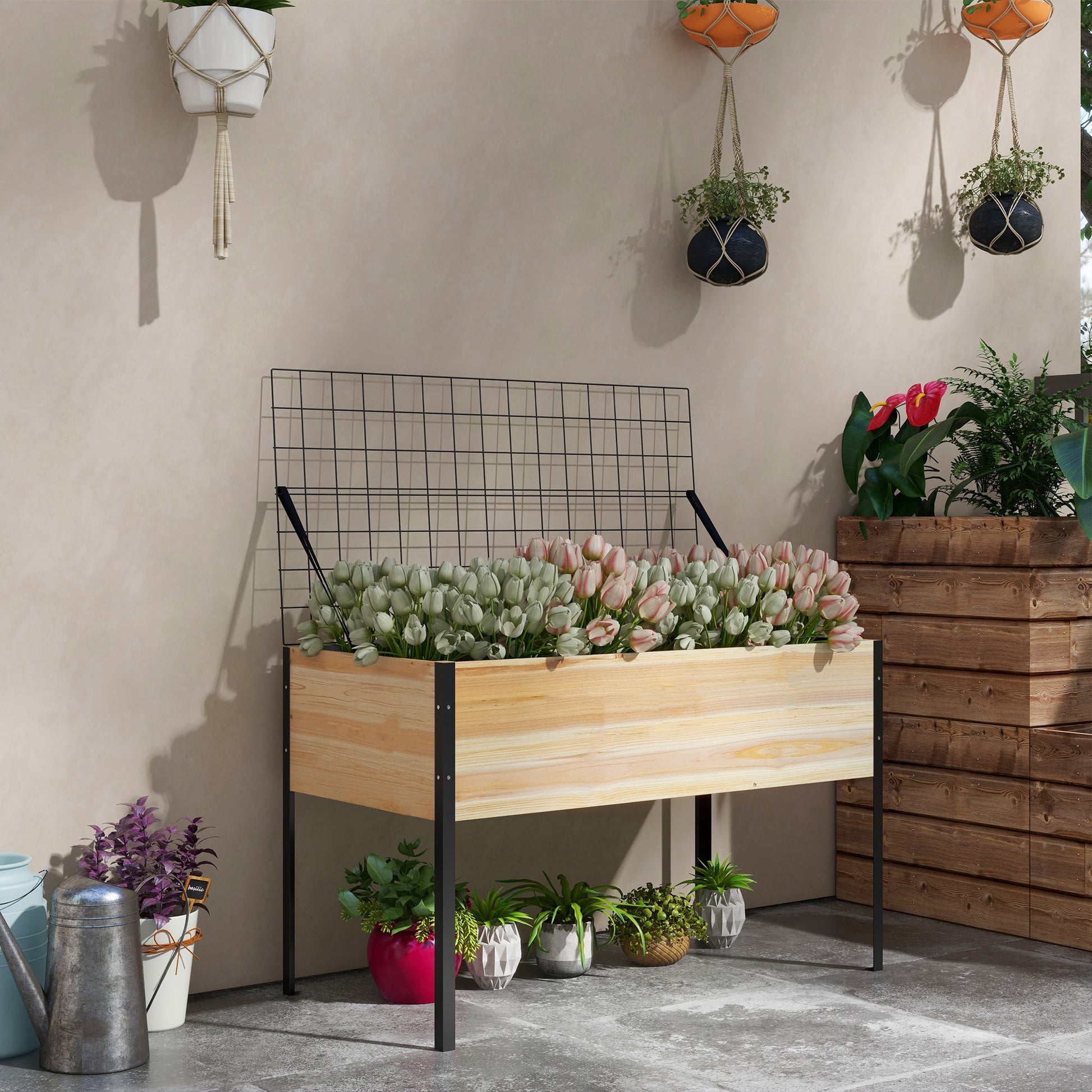 Wooden Planter Box with Metal Legs, Raised Garden Bed with Trellis and Bed Liner, for Vegetables Flowers Herbs Elevated Garden Beds   at Gallery Canada