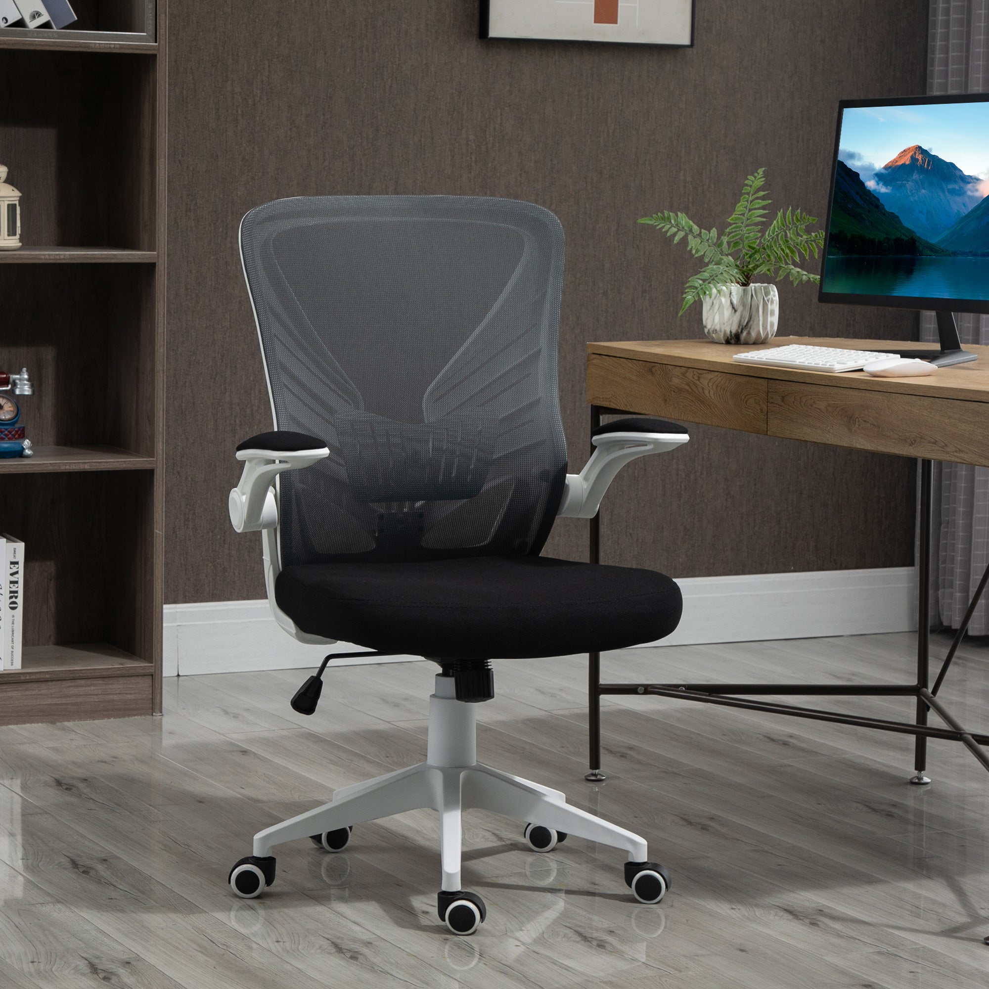 Mesh Office Chair Swivel Task Desk Chair with Lumbar Back Support, Flip-Up Arm, Adjustable Height, Grey Black Task Chairs at Gallery Canada