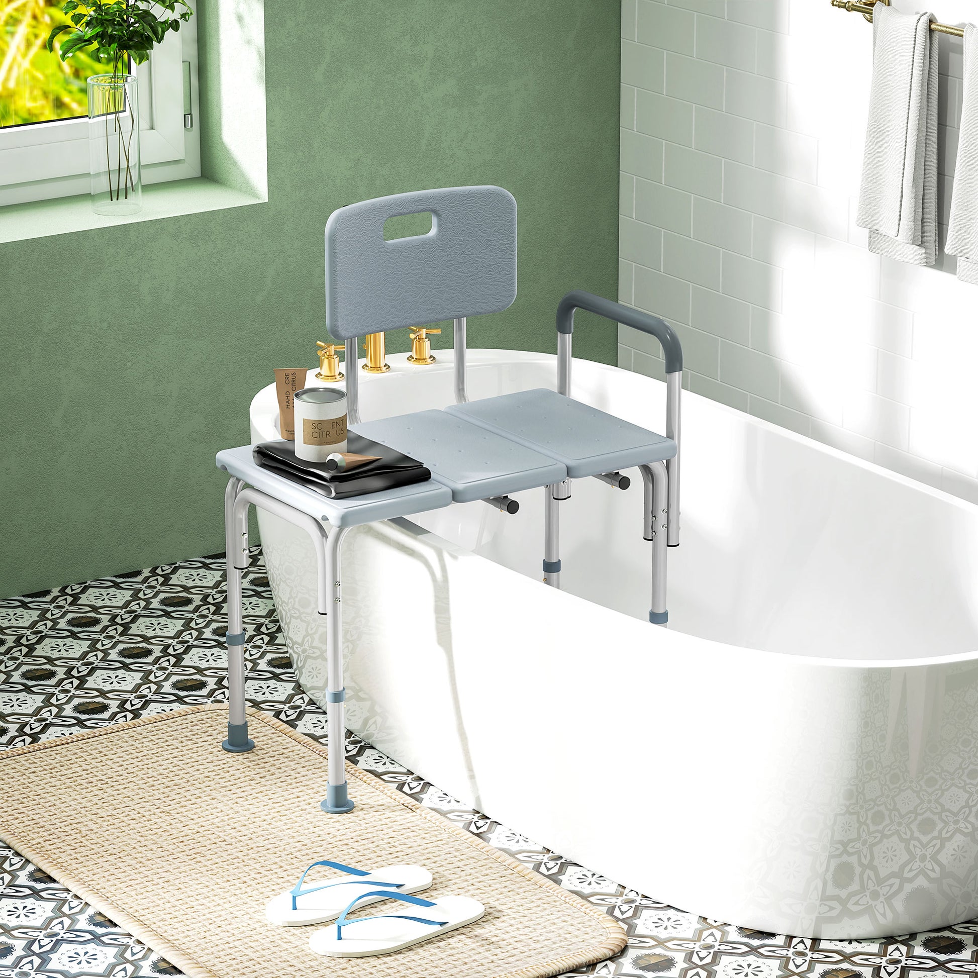 6-Level Adjustable Bath and Shower Transfer Bench Aluminum Chair with Non-Slip Feet, Armrest &; Backrest Grey Bath Chairs   at Gallery Canada