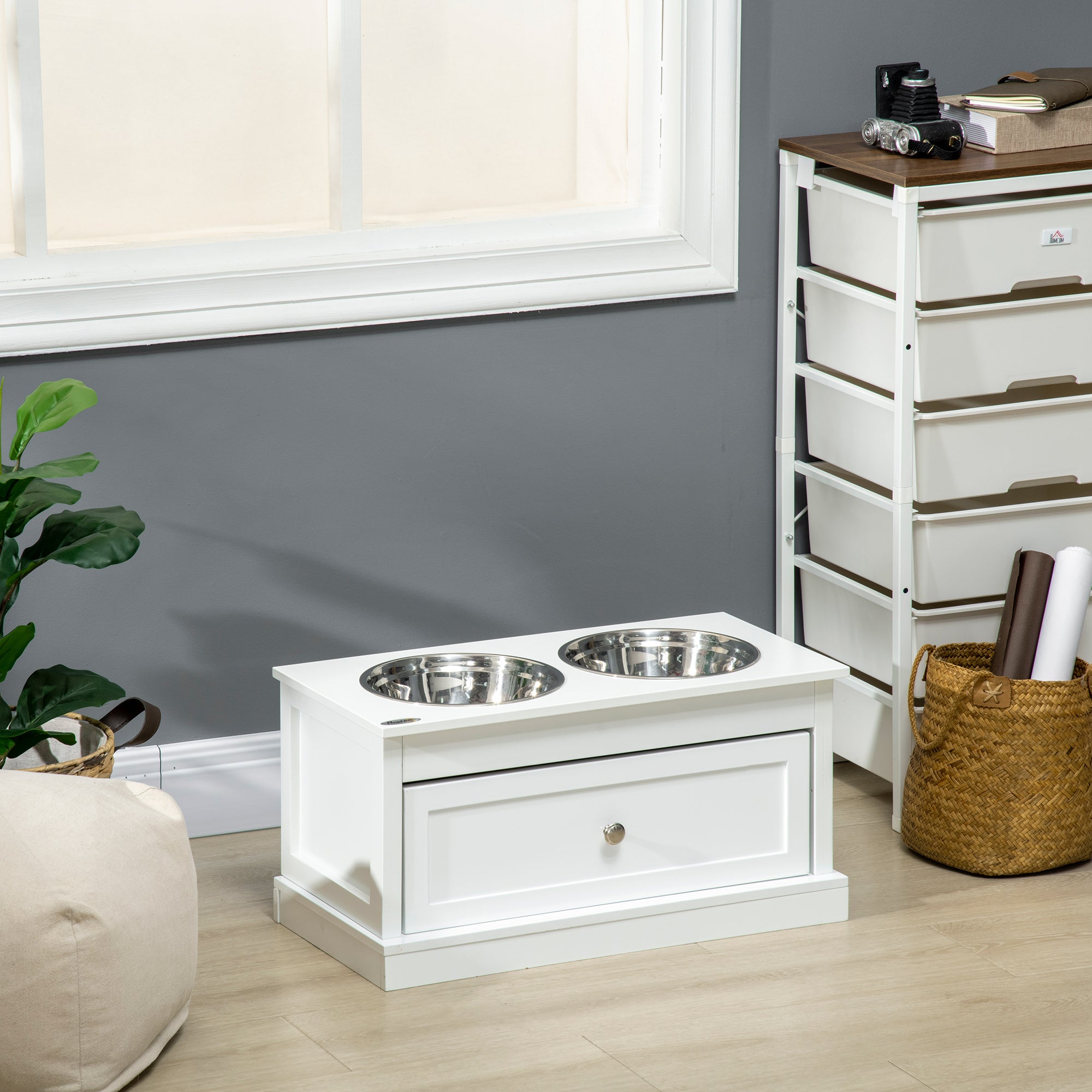 Elevated Dog Bowls with Storage Drawer for Large Dogs, White Dog Bowls at Gallery Canada