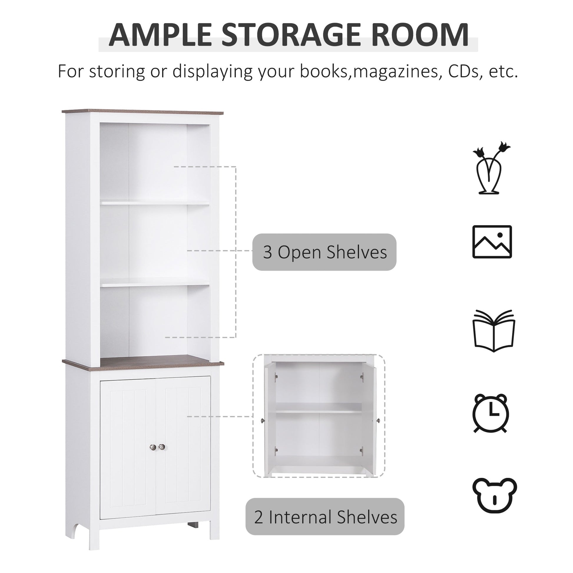 69"Tall Bathroom Storage Cabinet, Bathroom Floor Cabinet with 3 Open Shelves and Double Door Cupboard, White White Bookshelves   at Gallery Canada