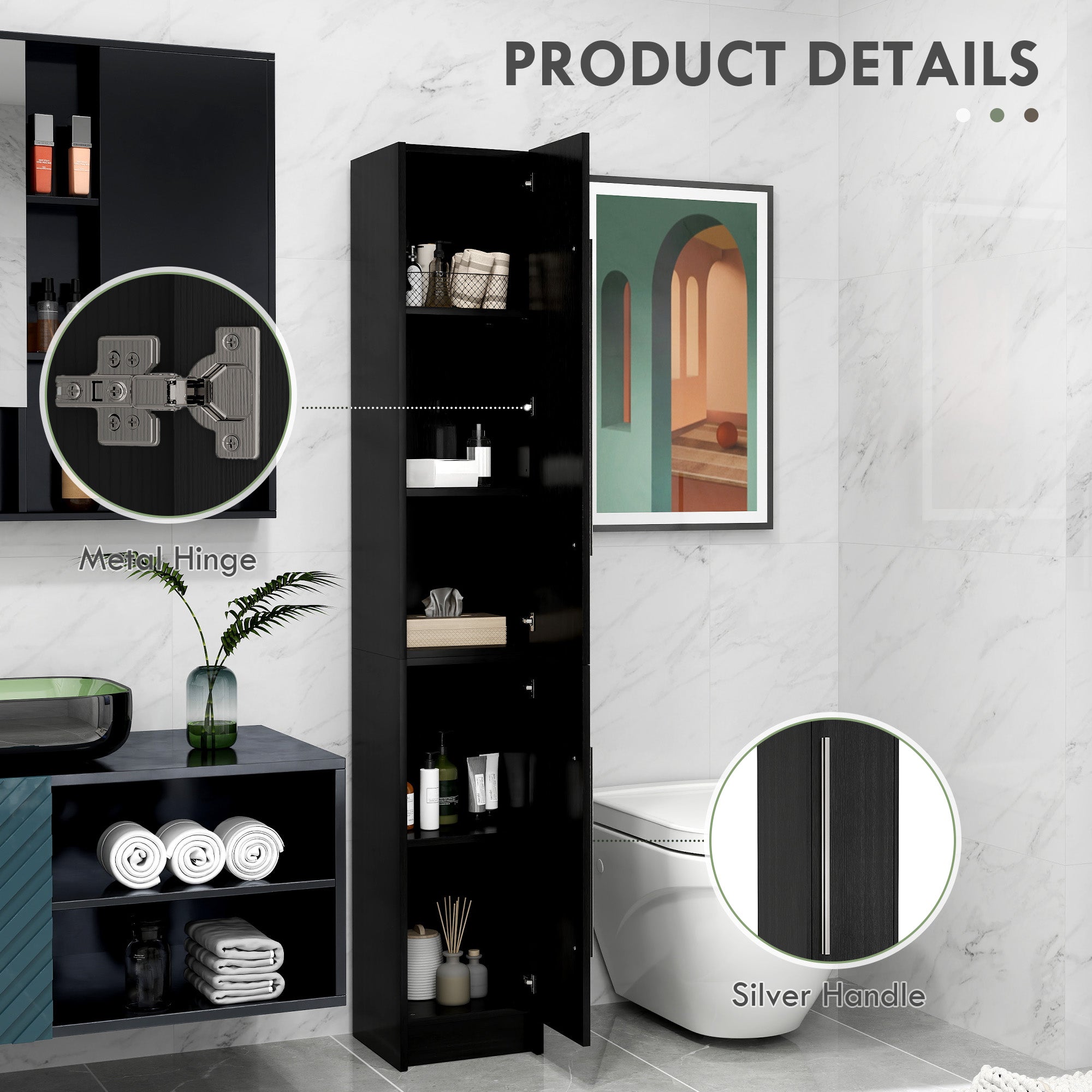 Freestanding Tall Bathroom Storage Cabinet with Adjustable Shelves, Bathroom Organizer, Black Wood Grain Bathroom Cabinets   at Gallery Canada