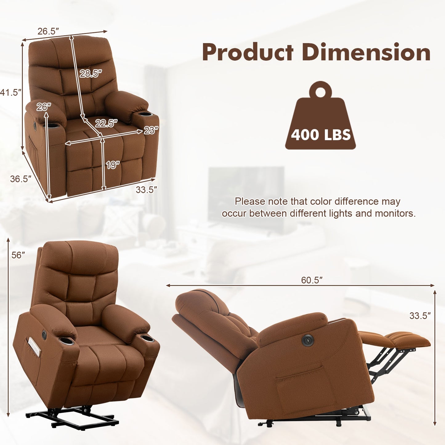 Electric Power Lift Recliner Chair with Vibration Massage and Lumbar Heat, Brown Recliners   at Gallery Canada