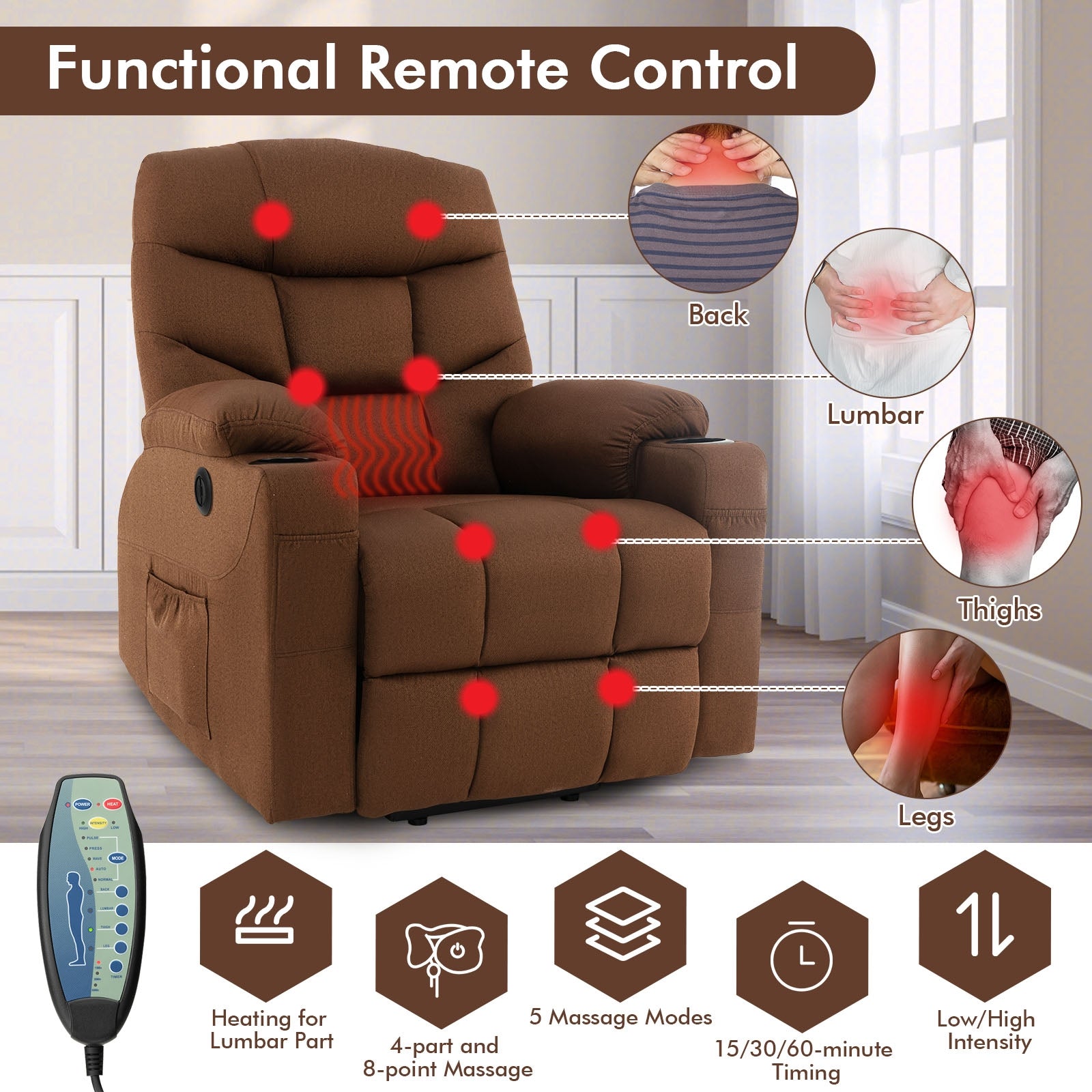 Electric Power Lift Recliner Chair with Vibration Massage and Lumbar Heat, Brown Recliners   at Gallery Canada