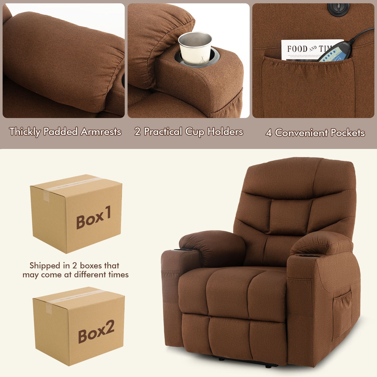 Electric Power Lift Recliner Chair with Vibration Massage and Lumbar Heat, Brown Recliners   at Gallery Canada