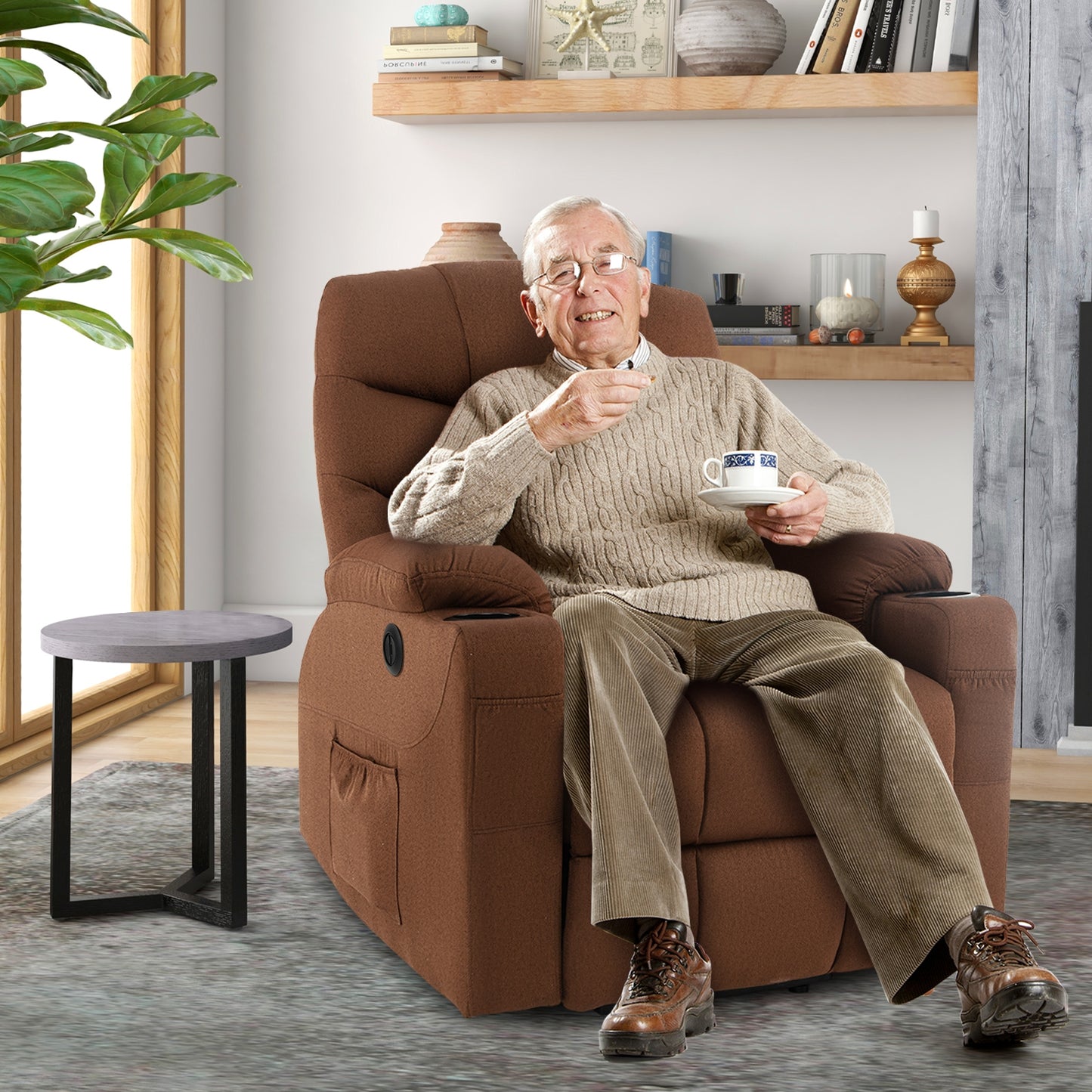 Electric Power Lift Recliner Chair with Vibration Massage and Lumbar Heat, Brown Recliners   at Gallery Canada