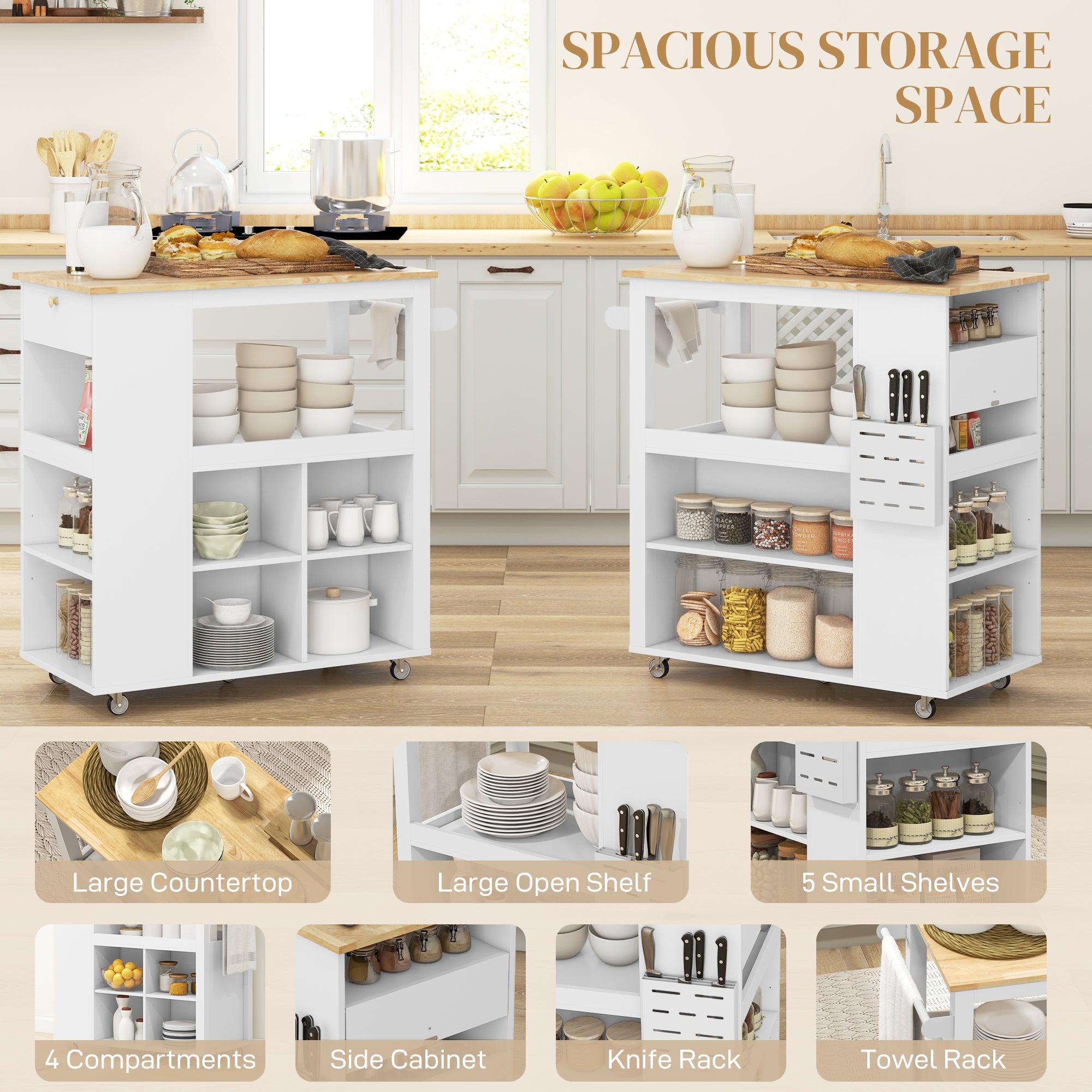 Kitchen Island Table Kitchen Cart with Rubberwood Top, Adjustable Shelves, Knife Rack, Towel Rack, Cabinet, White Kitchen Islands & Kitchen Carts at Gallery Canada