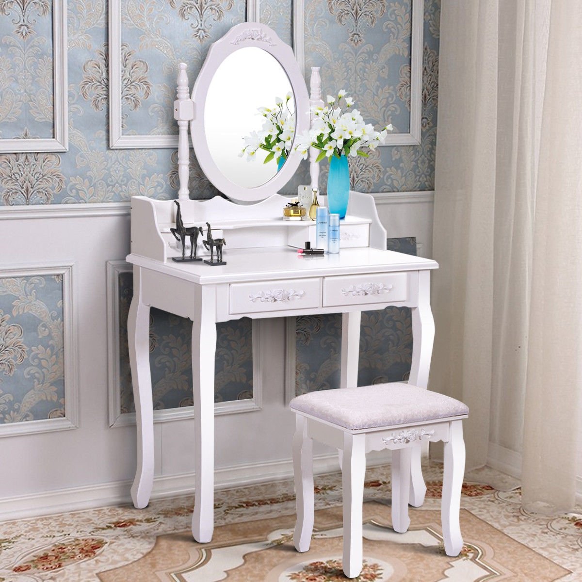 Wood Vanity Table Set with Oval Mirror and 4 Drawers for Kids Girls Women, White - Gallery Canada