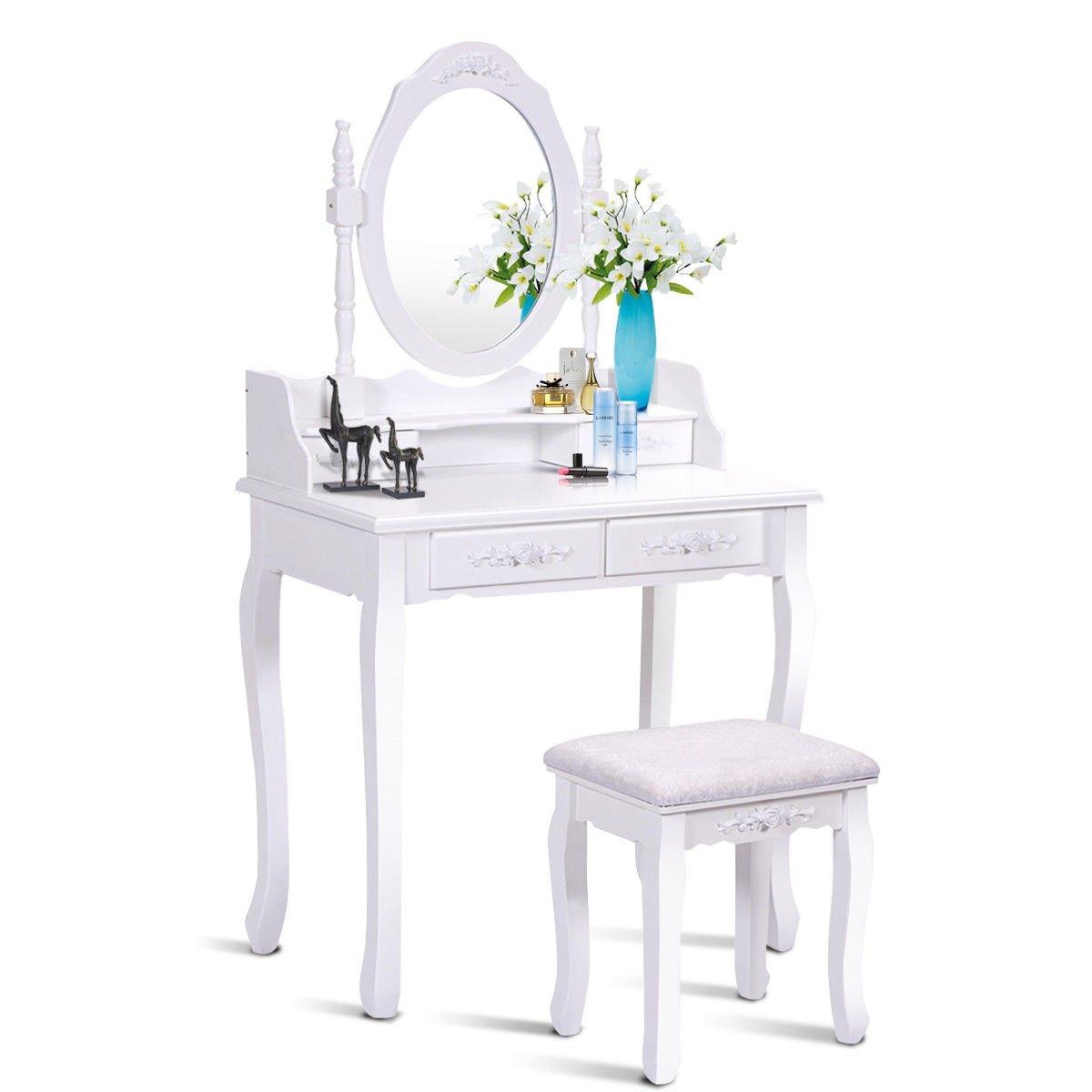 Wood Vanity Table Set with Oval Mirror and 4 Drawers for Kids Girls Women, White - Gallery Canada