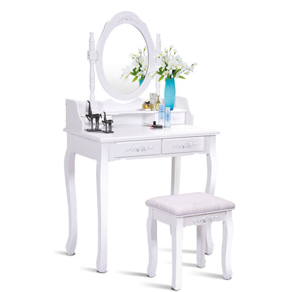 Wood Vanity Table Set with Oval Mirror and 4 Drawers for Kids Girls Women, White Makeup Vanities   at Gallery Canada