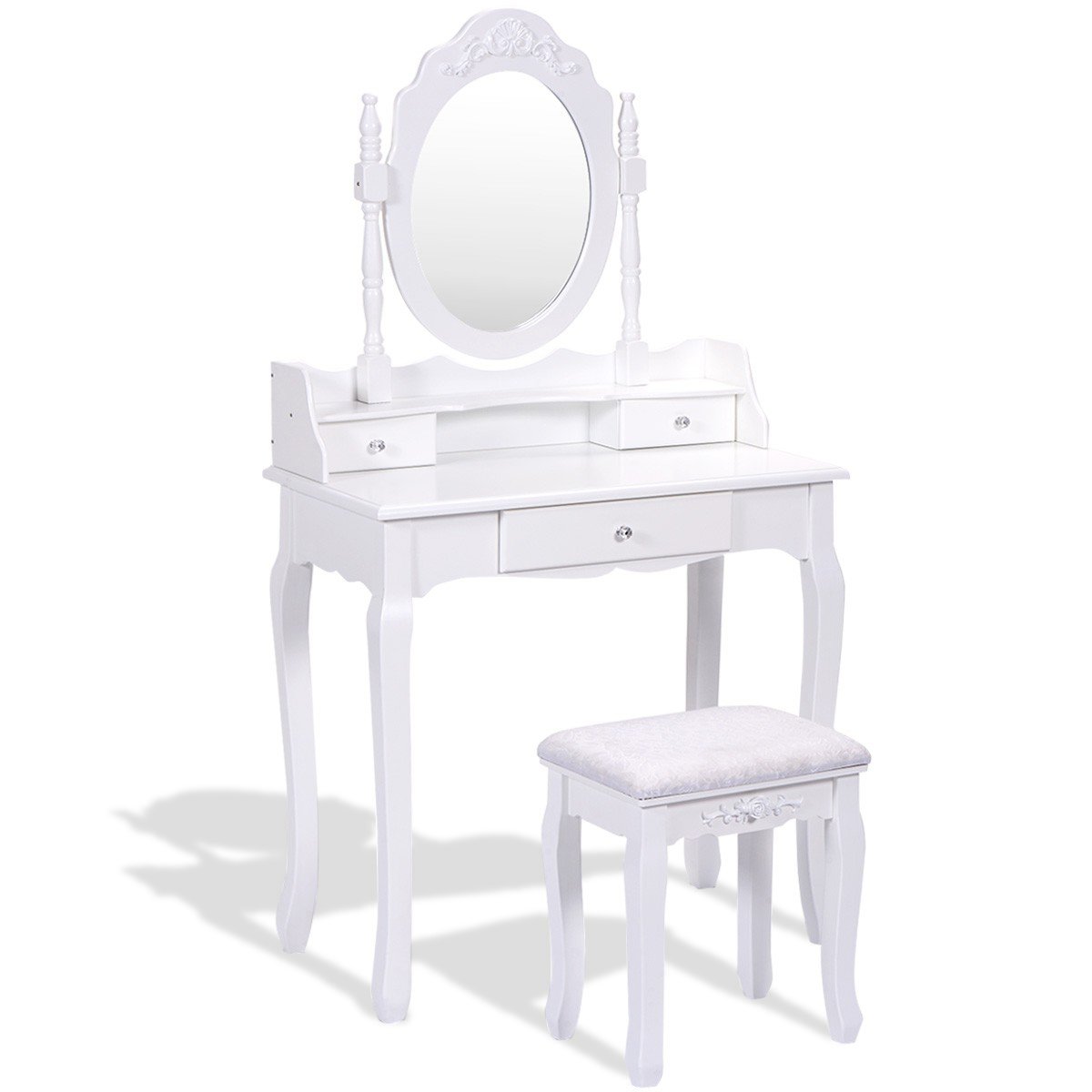 Vanity Table Set with Cushioned Stool with 360° Rotating Oval Mirror and Three Drawers, White Makeup Vanities   at Gallery Canada