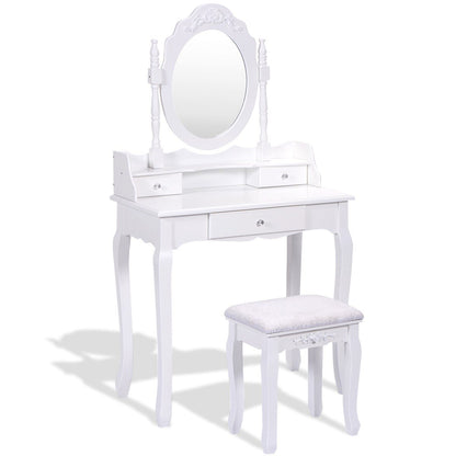 Vanity Table Set with Cushioned Stool with 360° Rotating Oval Mirror and Three Drawers, White - Gallery Canada