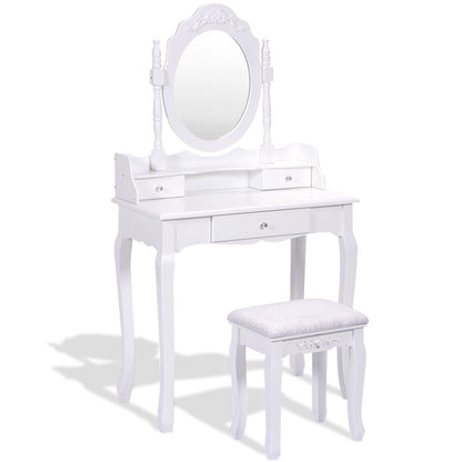 Vanity Table Set with Cushioned Stool with 360° Rotating Oval Mirror and Three Drawers, White Makeup Vanities   at Gallery Canada