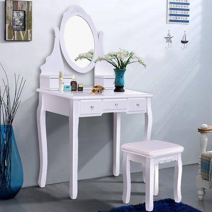 Wooden Vanity Set with 360° Rotating Oval Mirror and Cushioned Stool, White Bathroom Vanities at Gallery Canada