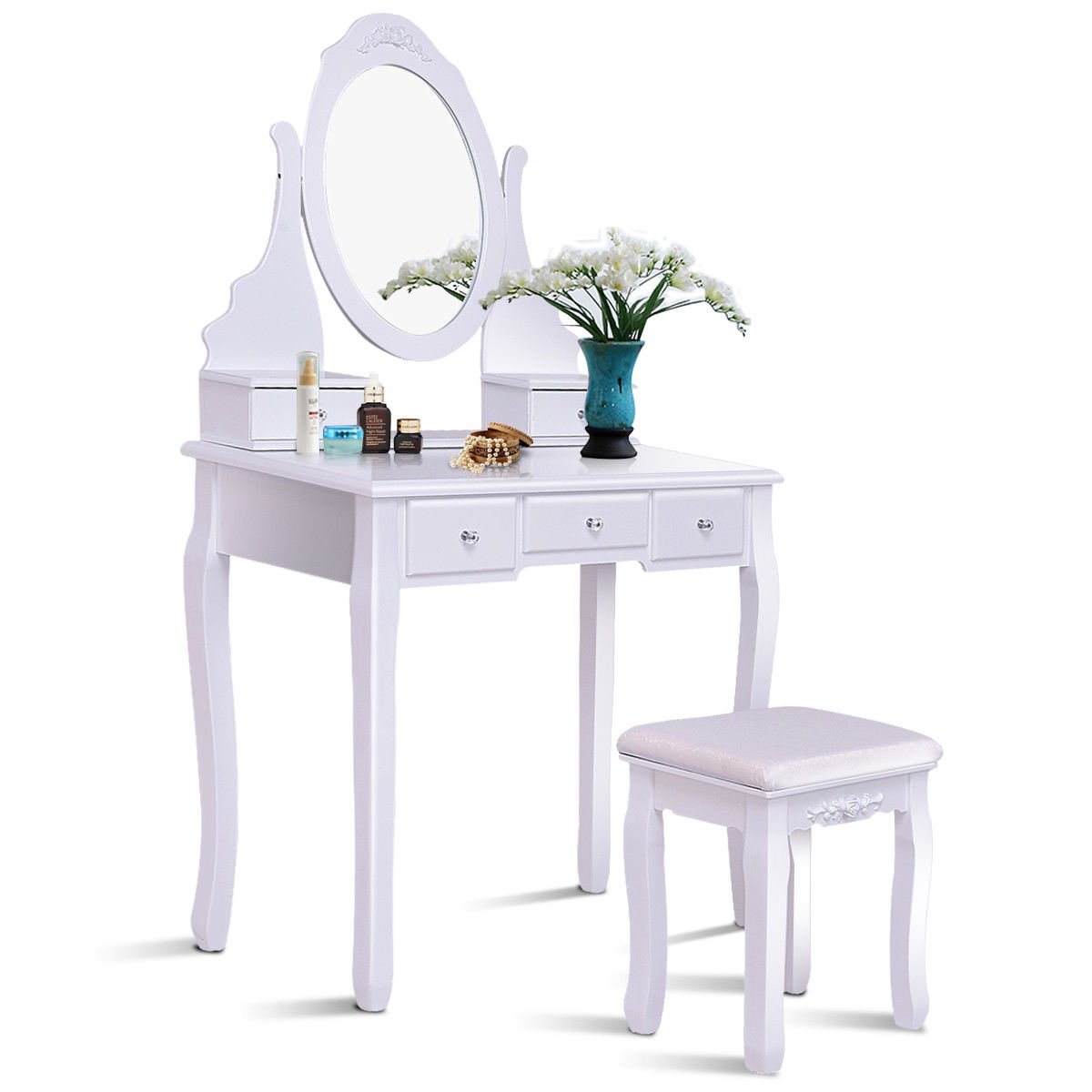 Wooden Vanity Set with 360° Rotating Oval Mirror and Cushioned Stool, White Bathroom Vanities at Gallery Canada