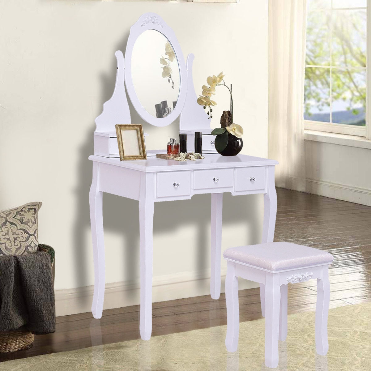 Wooden Vanity Set with 360° Rotating Oval Mirror and Cushioned Stool, White Bathroom Vanities White at Gallery Canada