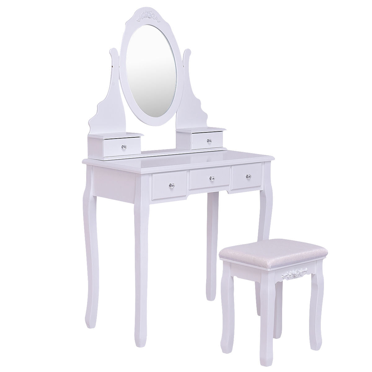 Wooden Vanity Set with 360° Rotating Oval Mirror and Cushioned Stool, White Bathroom Vanities at Gallery Canada