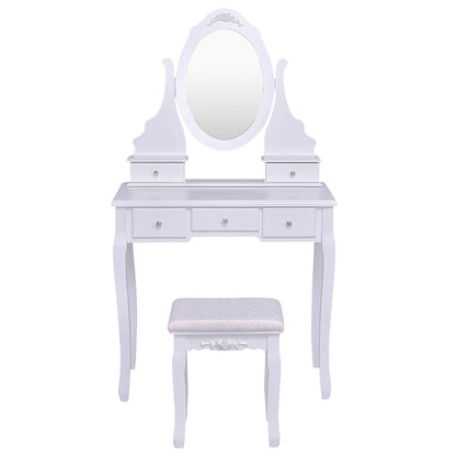 Wooden Vanity Set with 360° Rotating Oval Mirror and Cushioned Stool, White Bathroom Vanities at Gallery Canada