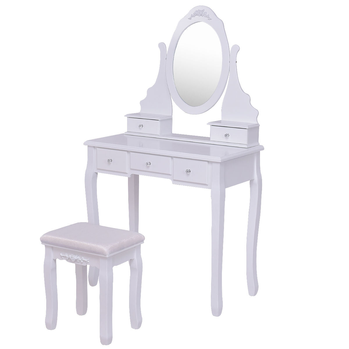 Wooden Vanity Set with 360° Rotating Oval Mirror and Cushioned Stool, White Bathroom Vanities at Gallery Canada