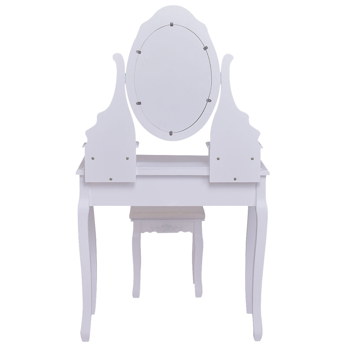 Wooden Vanity Set with 360° Rotating Oval Mirror and Cushioned Stool, White Bathroom Vanities at Gallery Canada