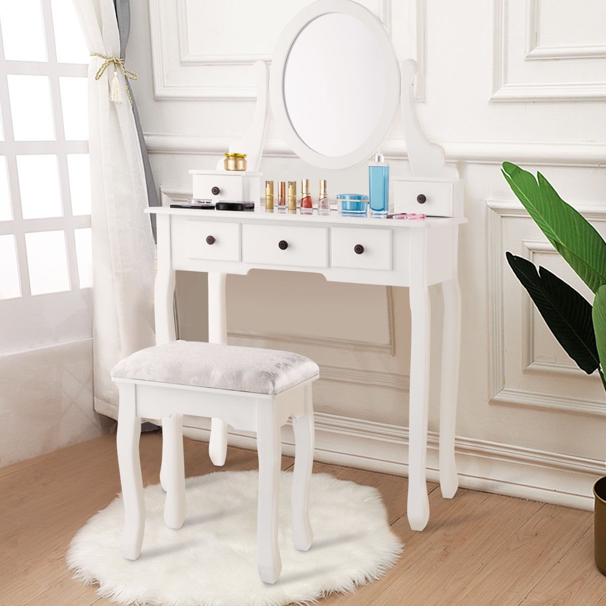 Dressing Table Set with Oval Mirror  Stool and 5 Storage Drawers, White - Gallery Canada