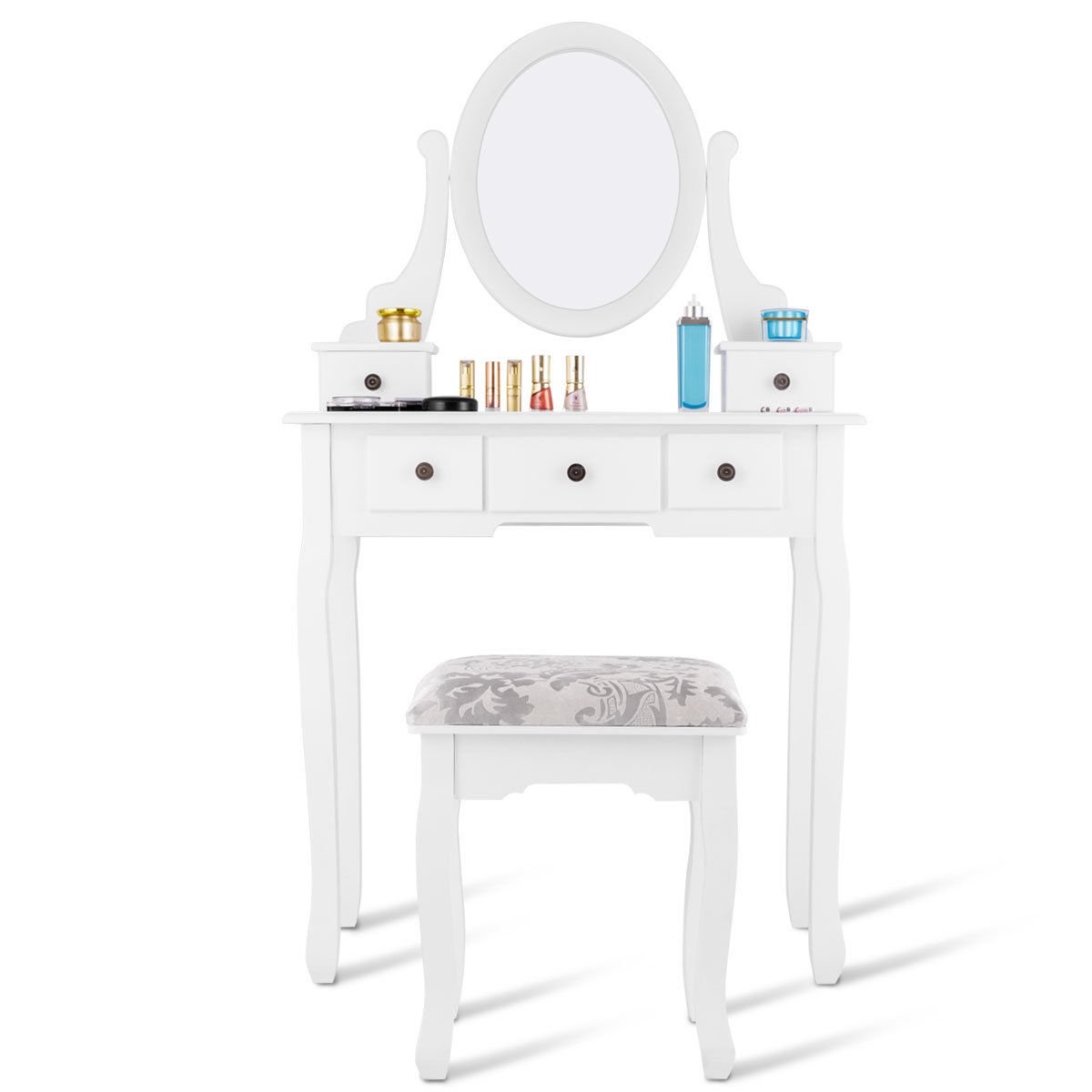 Dressing Table Set with Oval Mirror  Stool and 5 Storage Drawers, White - Gallery Canada